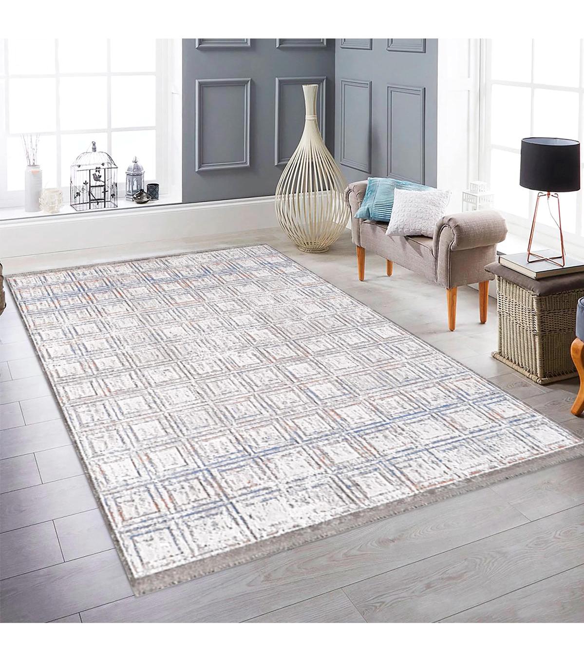 Royal Halı Serenity Gri-Mavi 9 mm Akrilik Antibakteriyel Yıkanabilir Kalın Kaymaz Lateks Taban Geometrik Dikdörtgen Makine Dokuma Salon Halısı 80x150 cm