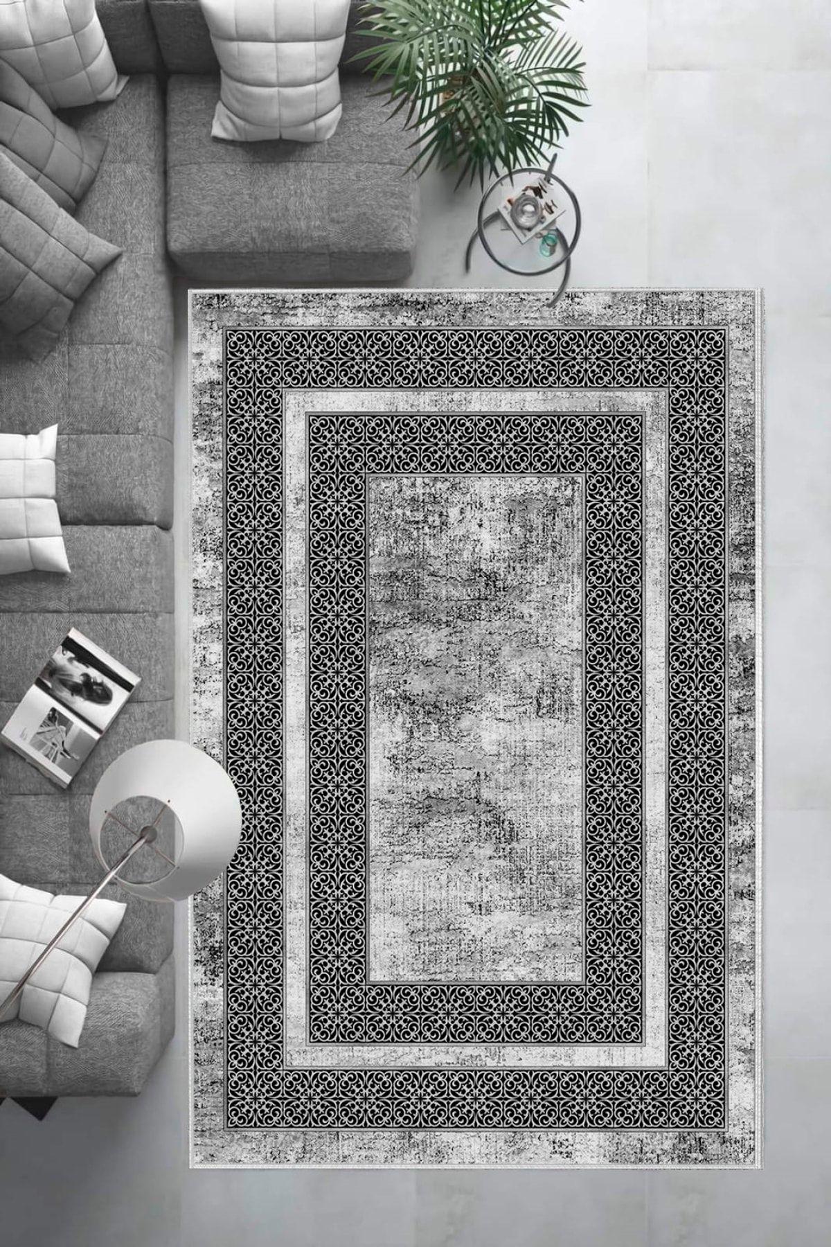 Aldora B1176 Gri 9 mm Deri Toz Tutmaz Yıkanabilir İnce Kaymaz Deri Taban Dikdörtgen Makine Dokuma Salon Halısı 100x300 cm