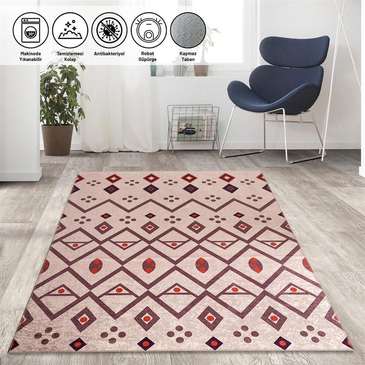Carpettex Kırmızı 6 mm Polyester Antialerjenik-Antistatik Yıkanabilir Orta Kaymaz Pamuk Taban Dikdörtgen Makine Dokuma Oturma Odası-Salon Halısı 160x200 cm