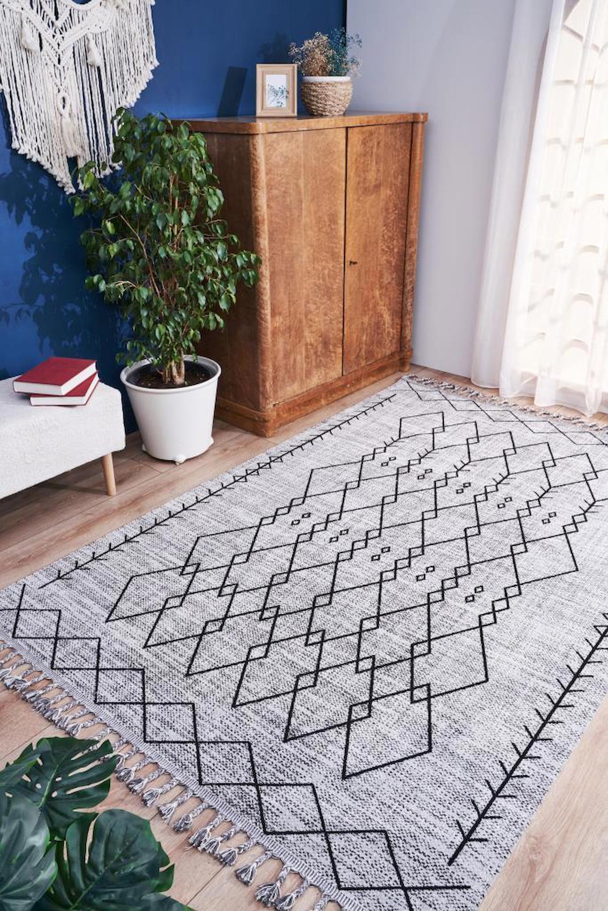 Homeva Fas 1623 Krem 6 mm Polyester Yıkanabilir İnce Kaymaz Dikdörtgen Makine Dokuma Salon Halısı 60x100 cm
