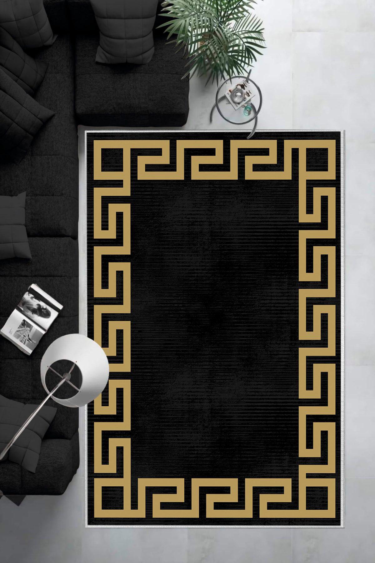 Aldora Altın-Siyah 9 mm Deri Toz Tutmaz Yıkanabilir İnce Kaymaz Lateks Taban Dikdörtgen Makine Dokuma Salon Halısı 200x290 cm