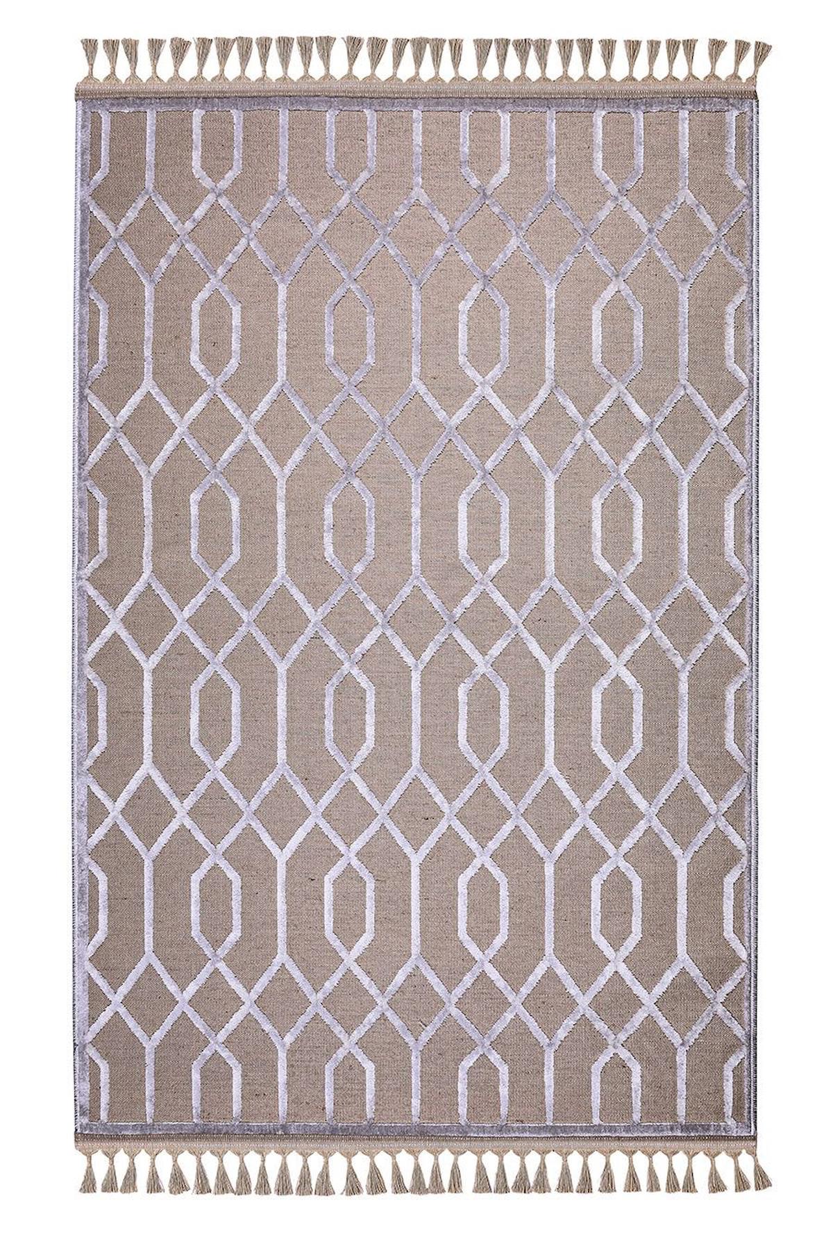 Kreasyon Halı Jutt 9237 Vizon 3 mm Akrilik Yalıtıma Yardımcı Yıkanabilir İnce Kaymaz Pamuk Taban Geometrik Dikdörtgen Makine Dokuma Salon Halısı 80x150 cm