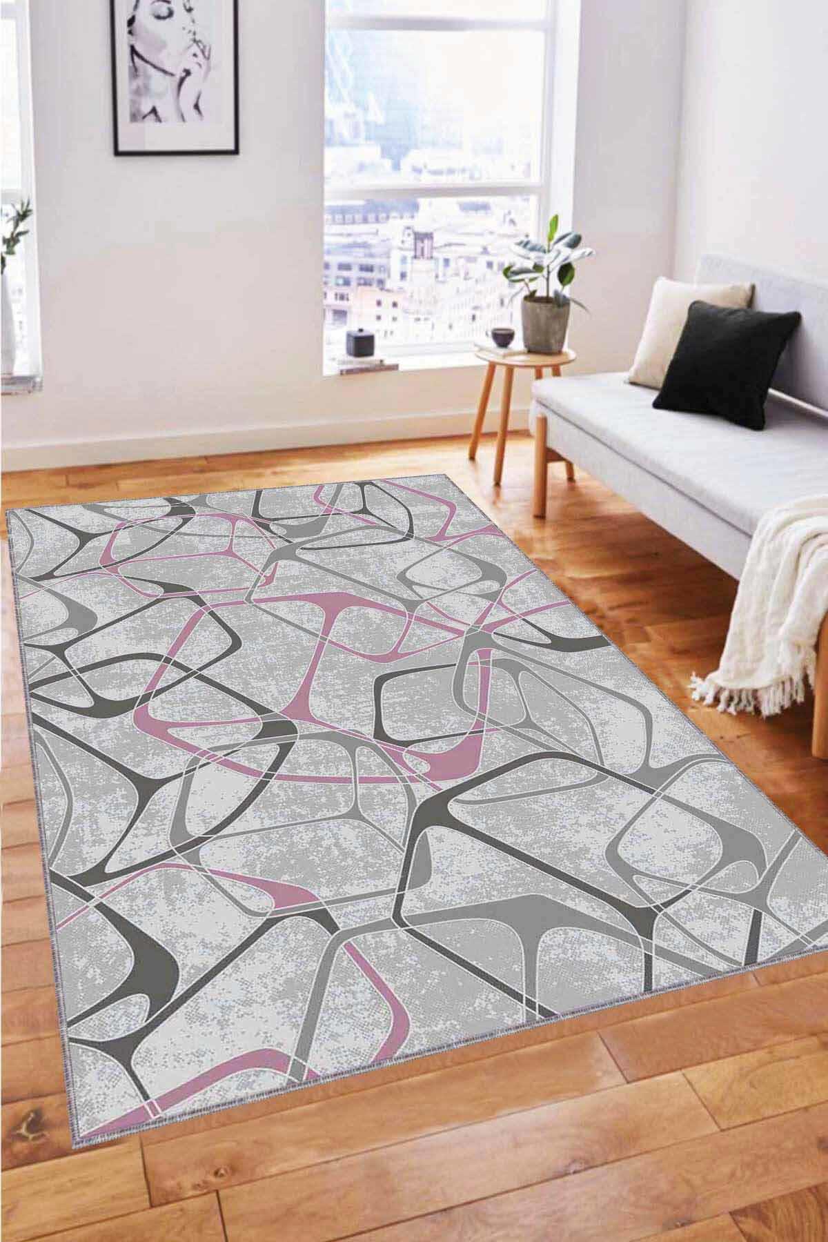 Viva Home LK001 Pembe 7 mm Mikropolyester Antibakteriyel Yıkanabilir İnce Kaymaz Dot Taban Dikdörtgen Makine Dokuma Salon Halısı 80x150 cm
