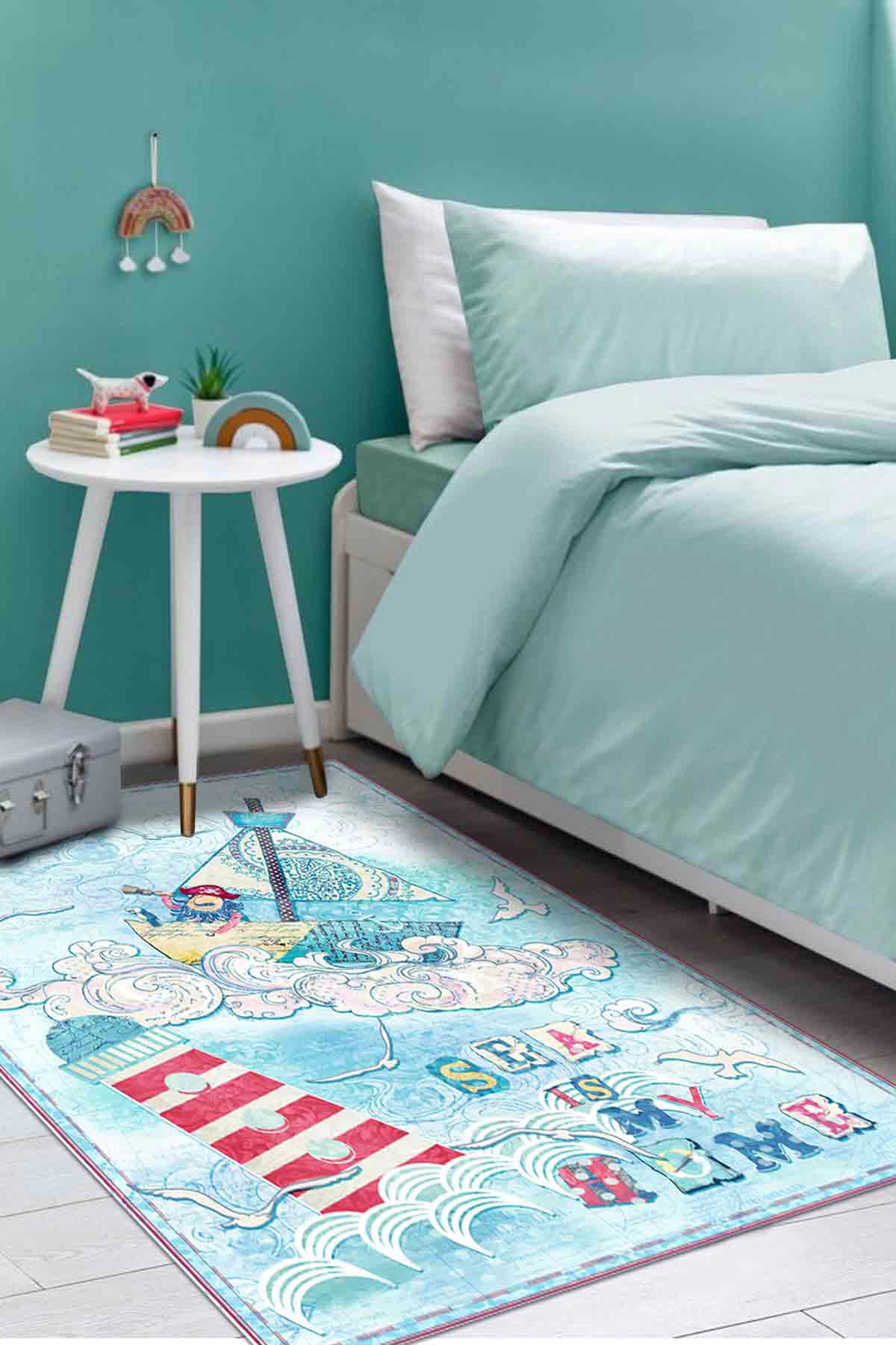 Latte Dizayn Marco Krem 0.5 mm Pamuk Antibakteriyel Yıkanabilir İnce Kaymaz Pamuk Taban Dikdörtgen Makine Dokuma Çocuk Odası Halısı 120x350 cm