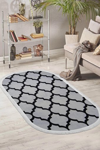 Dijidekor Gri 6 mm Polyester Antialerjenik Yıkanabilir Orta Kaymaz Dot Taban Oval Makine Dokuma Salon Halısı 160x235 cm