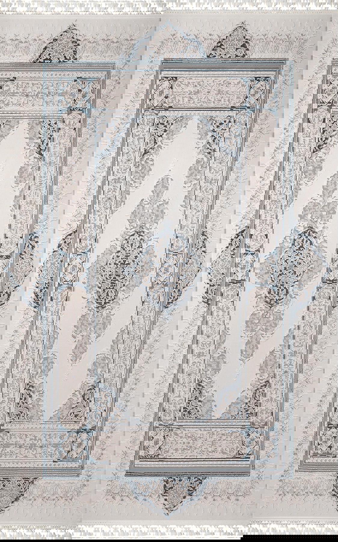 Sanat Halı Delüks 7020 Bej - Mavi 14 mm Akrilik Yıkanabilir Kalın Kaymaz Lateks Taban Dikdörtgen Makine Dokuma Salon Halısı 120x180 cm