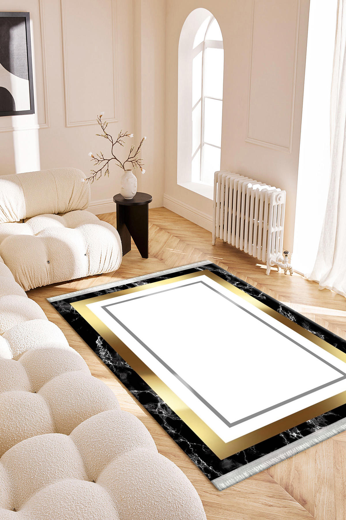Roslyn Home Altın 6 mm Polyester Toz Tutmaz Yıkanabilir İnce Kaymaz Dot Taban Kare Makine Dokuma Salon Halısı 200x290 cm