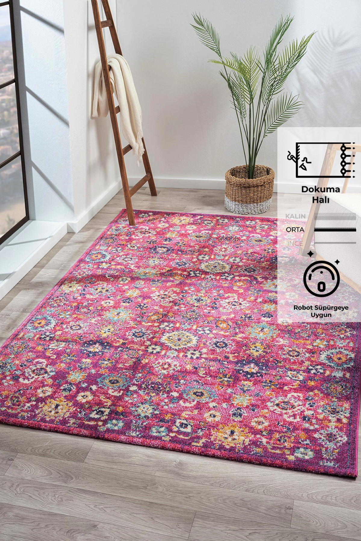 Konfor Halı Vintage 7653 Pembe 7 mm Polipropilen Yıkanabilir Dikdörtgen Makine Dokuma Salon Halısı 140x200 cm