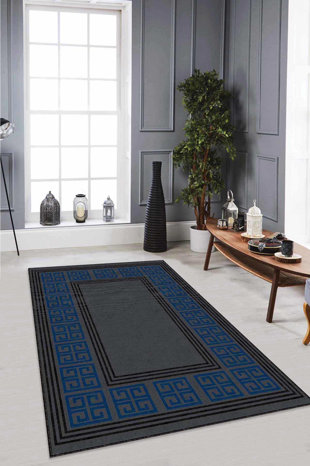 Viva Home RV035 Lacivert 7 mm Mikropolyester Leke tutmaz Yıkanabilir İnce Kaymaz Dikdörtgen Makine Dokuma Salon Halısı 120x180 cm