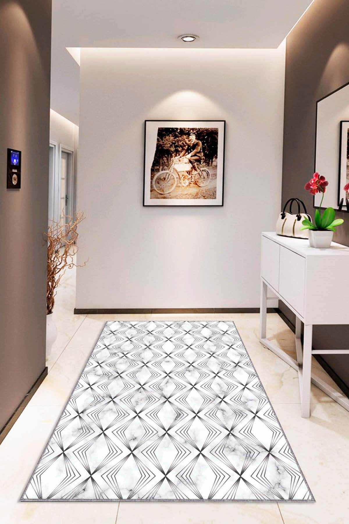 Viva Home RV021 Siyah 7 mm Mikropolyester Antibakteriyel Yıkanabilir İnce Kaymaz Lateks Taban Dikdörtgen Makine Dokuma Salon Halısı 100x300 cm