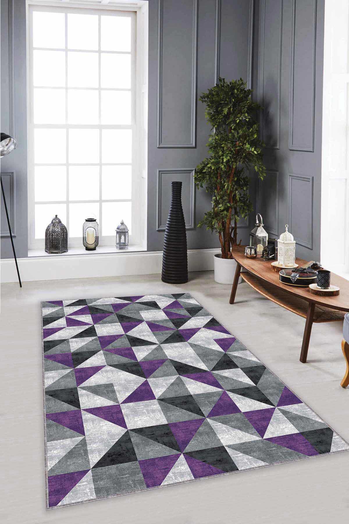 Viva Home PR05 Mor 7 mm Mikropolyester Antibakteriyel Yıkanabilir Kalın Kaymaz Pamuk Taban Dikdörtgen Makine Dokuma Salon Halısı 120x200 cm