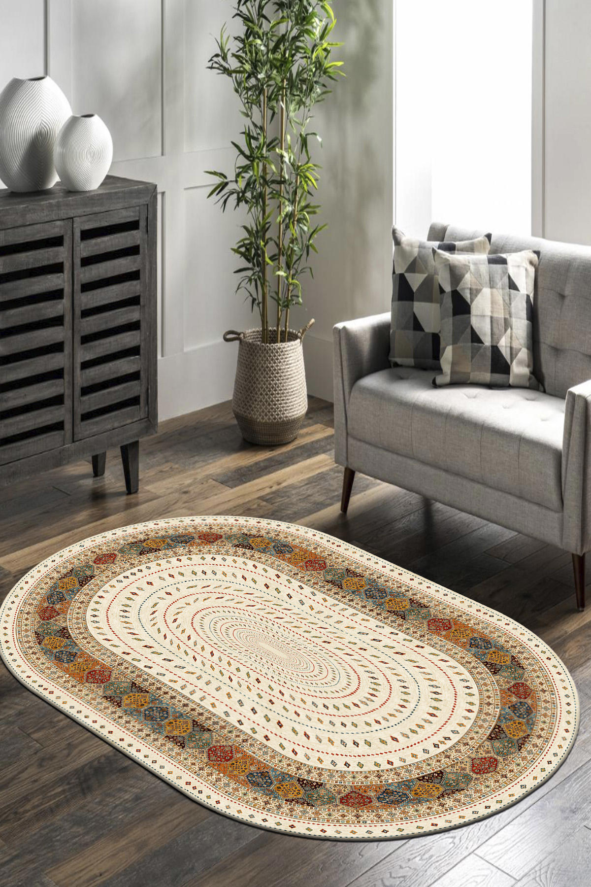 Roslyn Home Krem 0.8 mm Polyester Toz Tutmaz Yıkanabilir İnce Kaymaz Dot Taban Oval Makine Dokuma Salon Halısı 120x180 cm