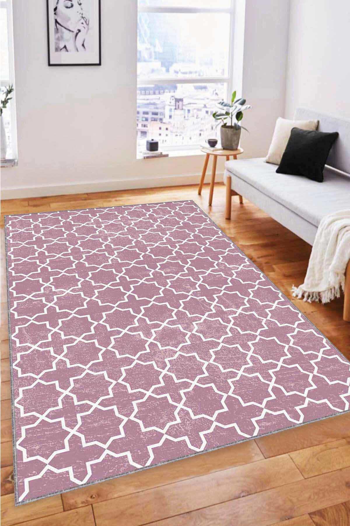 Viva Home MO06 Pembe 7 mm Mikropolyester Leke Tutmaz Yıkanabilir İnce Kaymaz Dot Taban Dikdörtgen Makine Dokuma Salon Halısı 80x150 cm