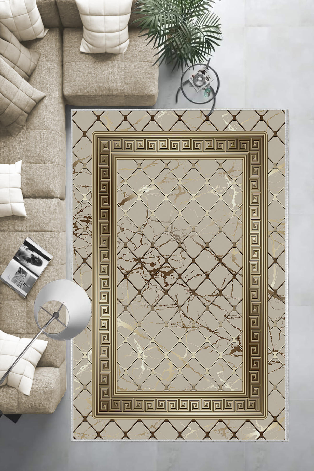 Aldora Altın-Gri 0.8 mm Polipropilen Yıkanabilir Orta Kaymaz Deri Taban Dikdörtgen Makine Dokuma Salon Halısı 120x180 cm