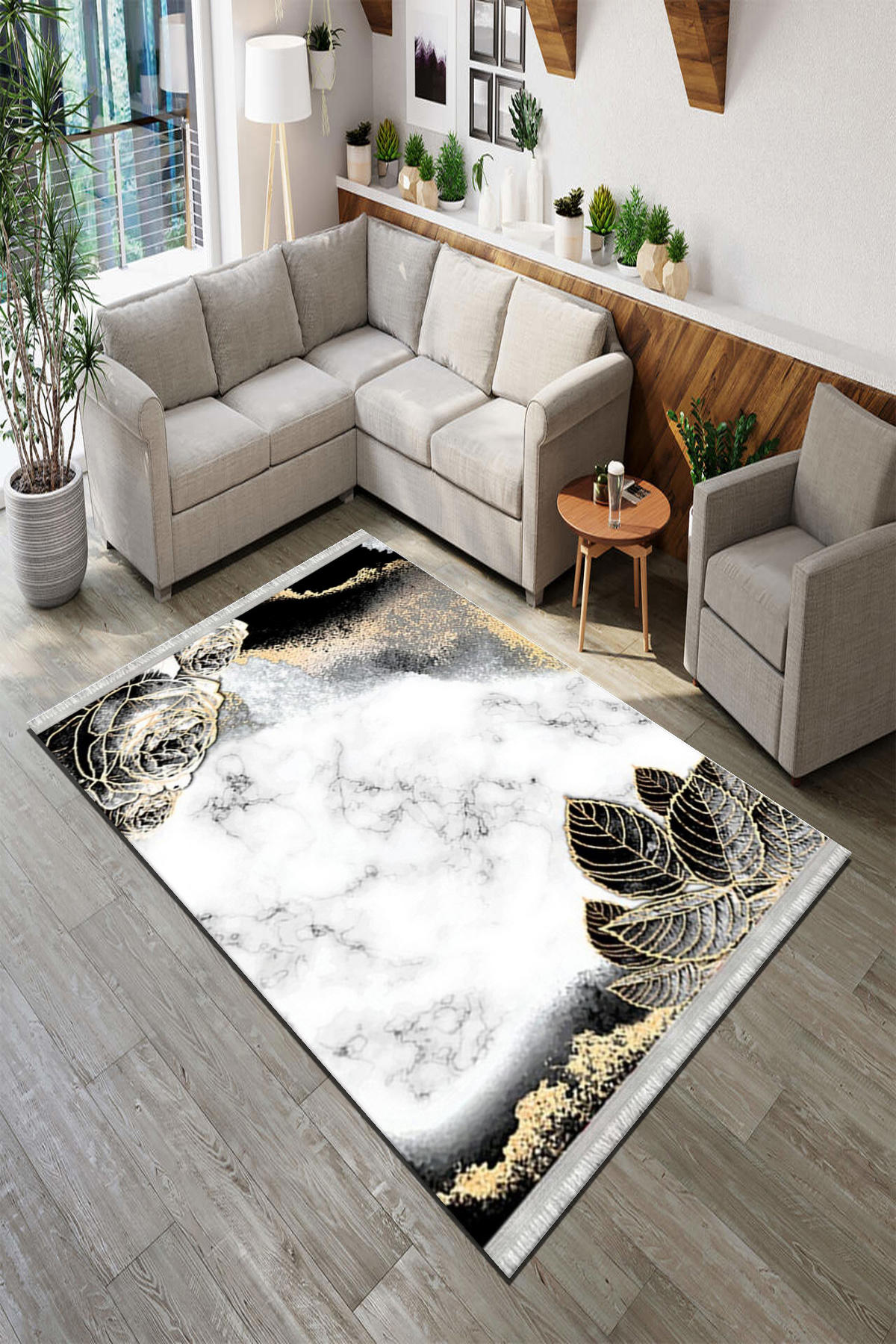 Roslyn Home Siyah 6 mm Polyester Toz Tutmaz Yıkanabilir İnce Kaymaz Dot Taban Çiçek Desenli Kare Makine Dokuma Salon Halısı 100x200 cm