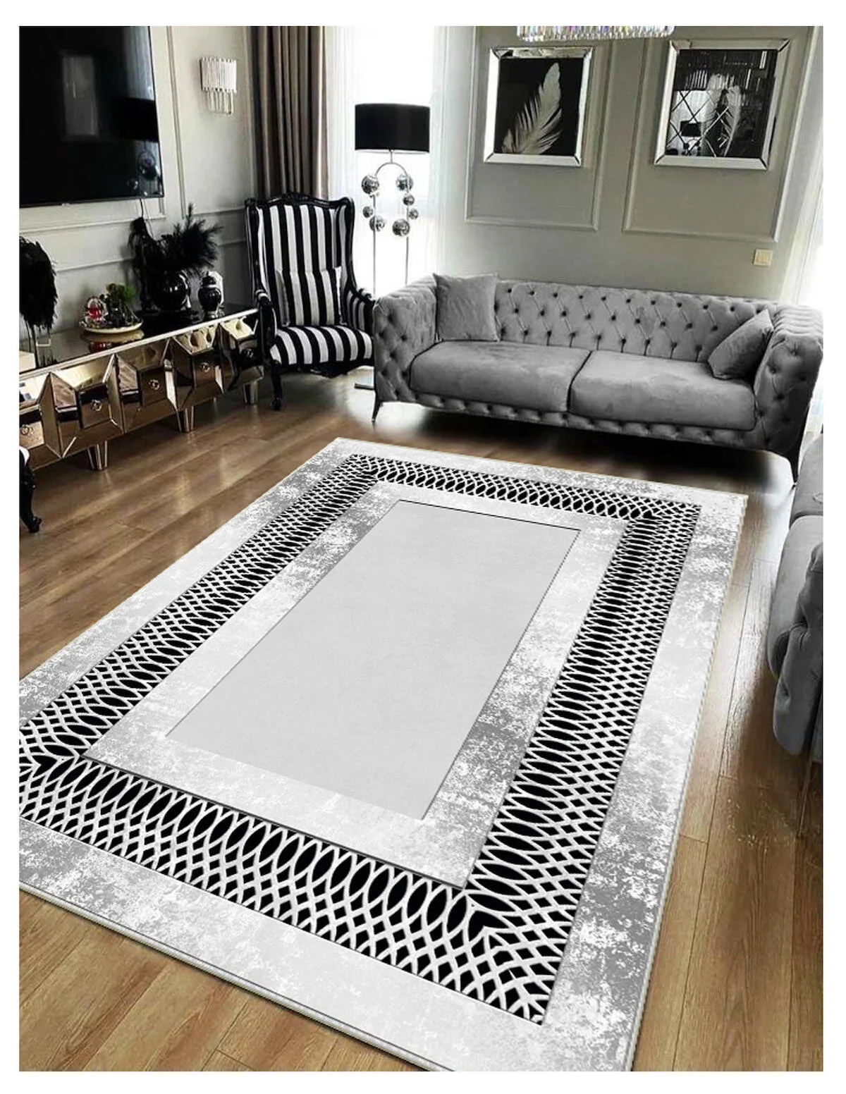 Sty Home Beyaz - Siyah 0.8 mm Toz Tutmaz Yıkanabilir Orta Kaymaz Dot Taban Dikdörtgen Makine Dokuma Salon Halısı 80x150 cm