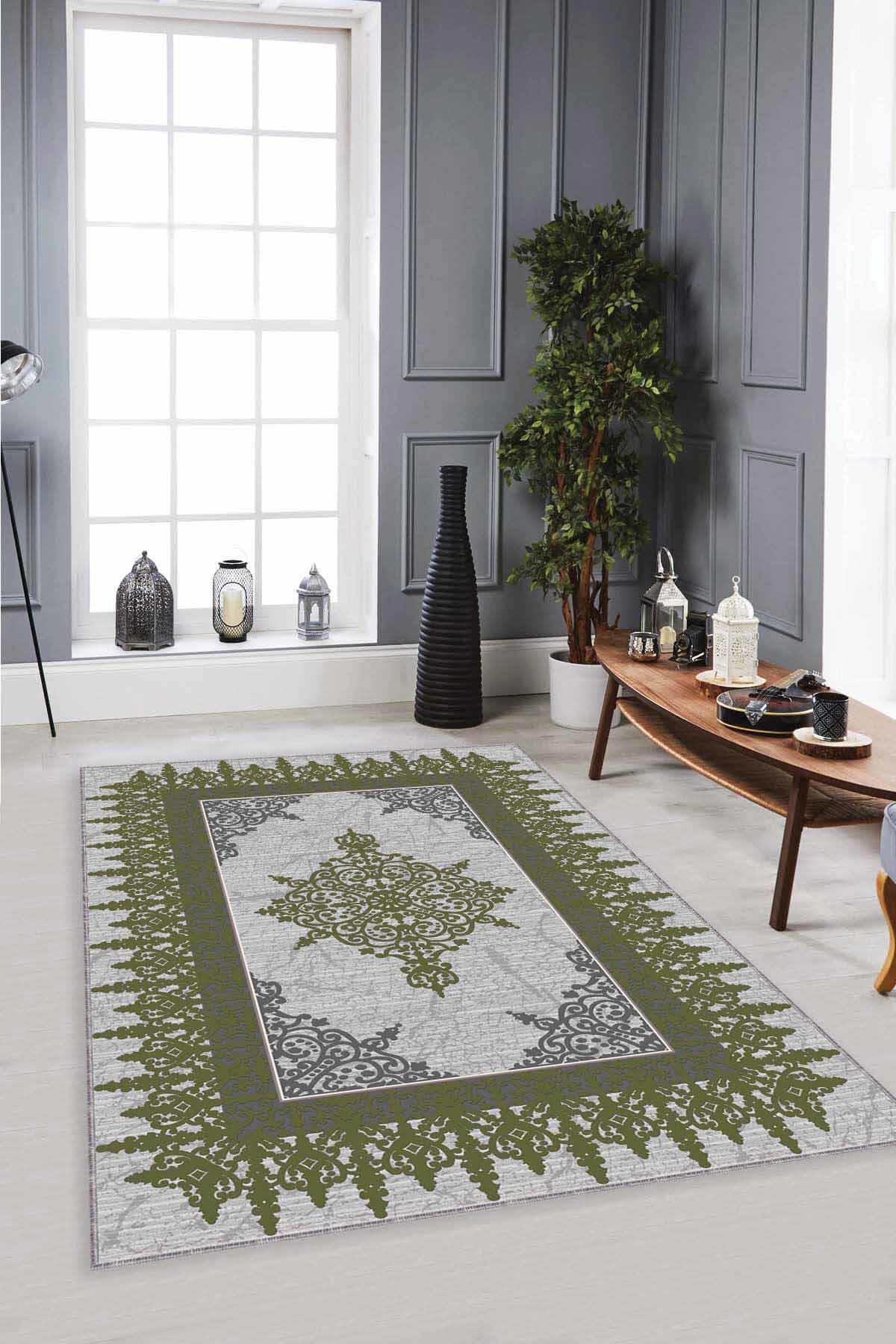 Viva Home MK35 Yeşil 7 mm Mikropolyester Yalıtıma Yardımcı Yıkanabilir İnce Kaymaz Taban Dikdörtgen Makine Dokuma Antre-Salon-Yatak Odası Halısı 100x300 cm