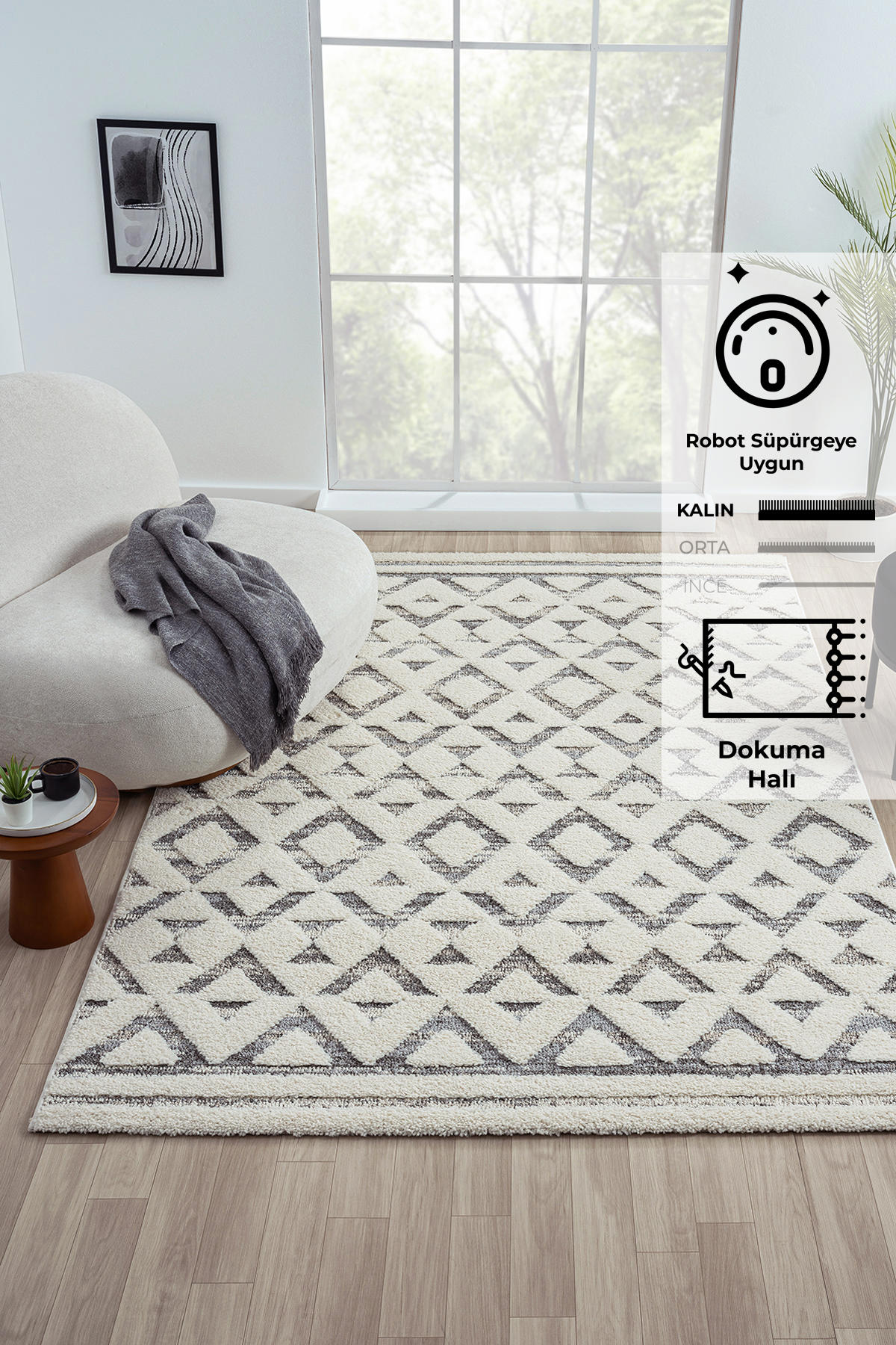 Konfor Halı Sevilla 5507 Krem 20 mm Polipropilen Yıkanabilir Dikdörtgen Makine Dokuma Salon Halısı 200x290 cm