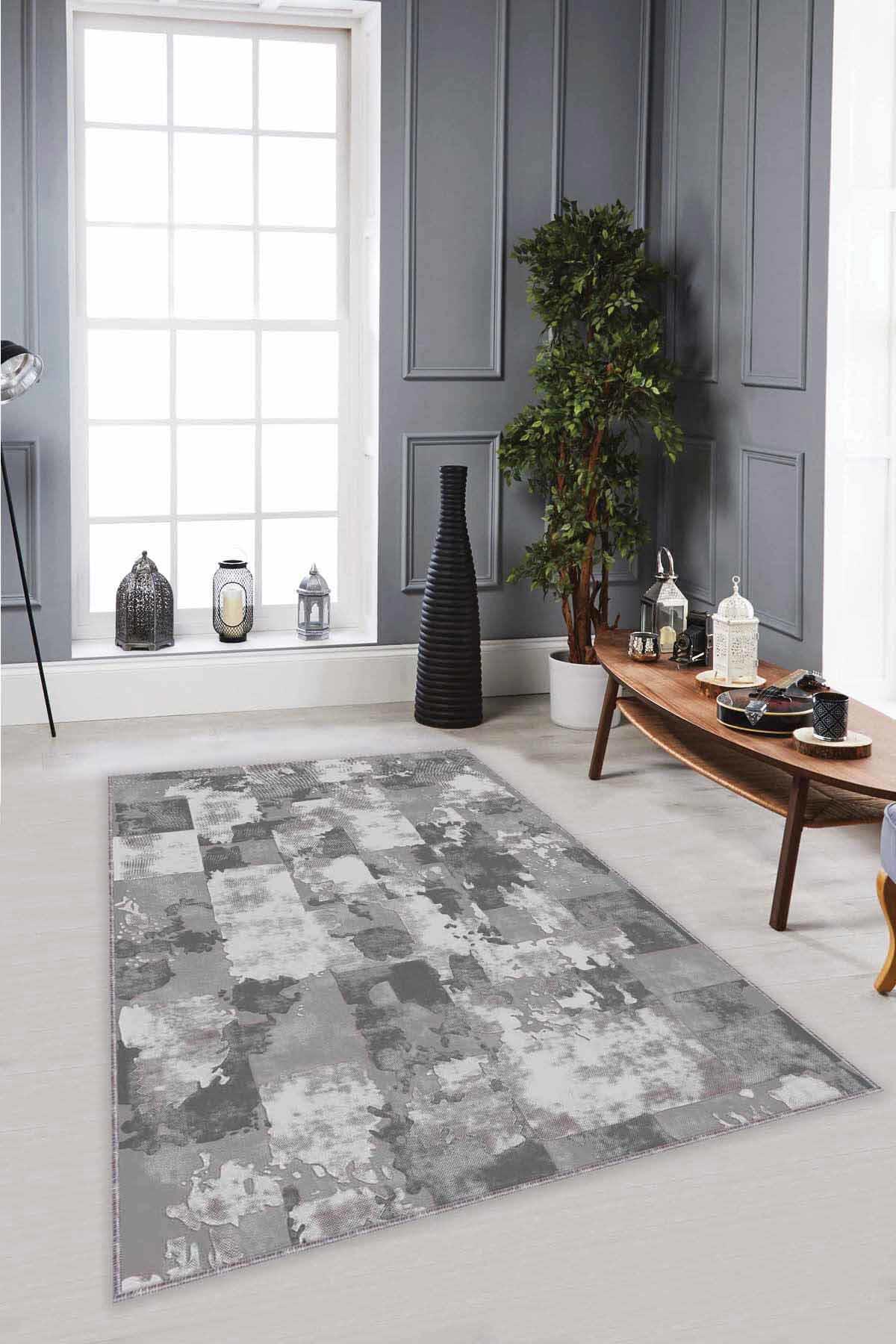 Viva Home SU05 Gri 7 mm Mikropolyester Toz Tutmaz Yıkanabilir İnce Kaymaz Dot Taban Dikdörtgen Makine Dokuma Salon Halısı 120x180 cm