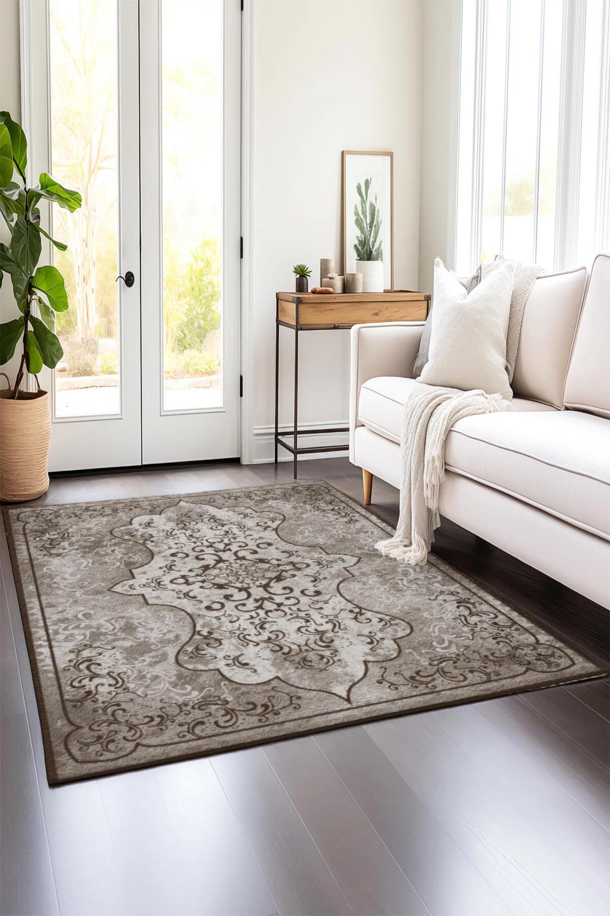 Comotex Krem 7 mm Polyester Antibakteriyel Yıkanabilir Kalın Kaymaz Taban Dikdörtgen Makine Dokuma Salon Halısı 200x500 cm