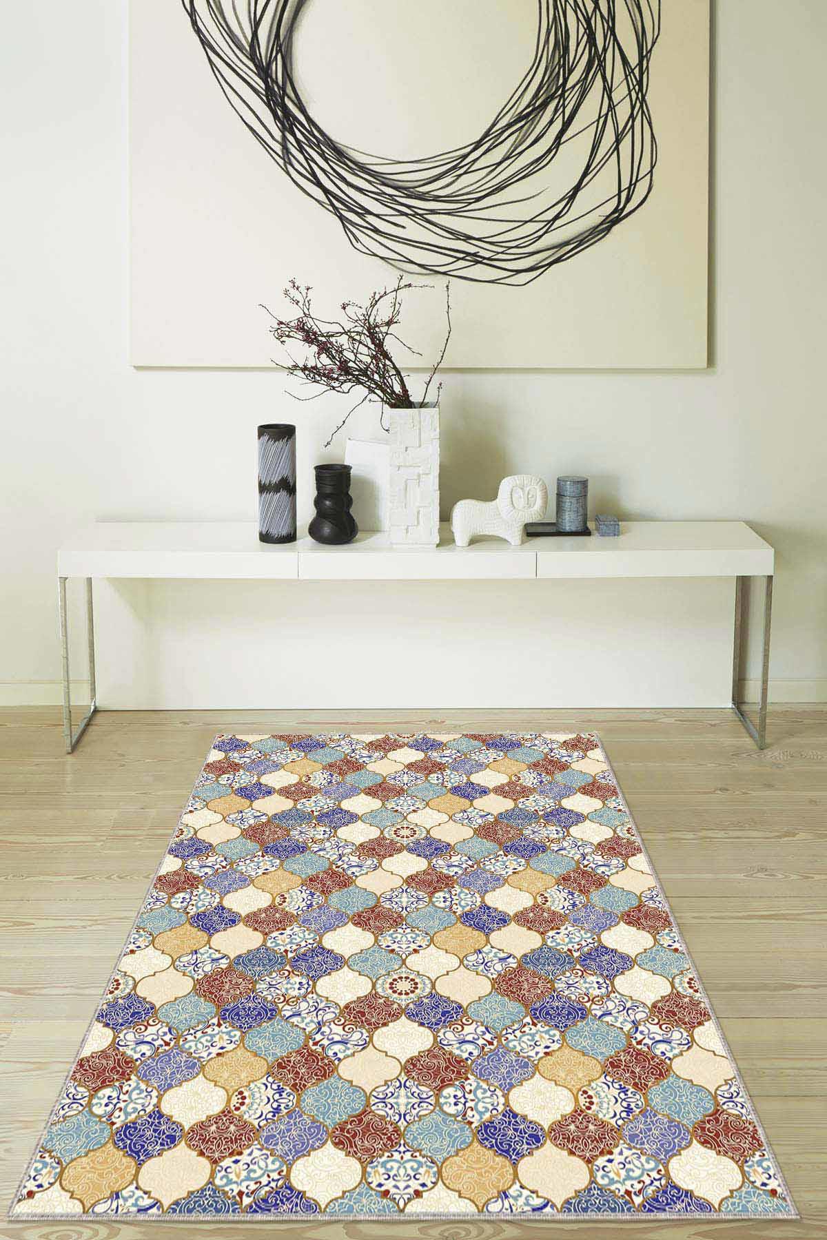 Viva Home RV231 Krem 7 mm Mikropolyester Leke Tutmaz Yıkanabilir Orta Kaymaz Dot Taban Dikdörtgen Makine Dokuma Oturma Odası Halısı 160x230 cm