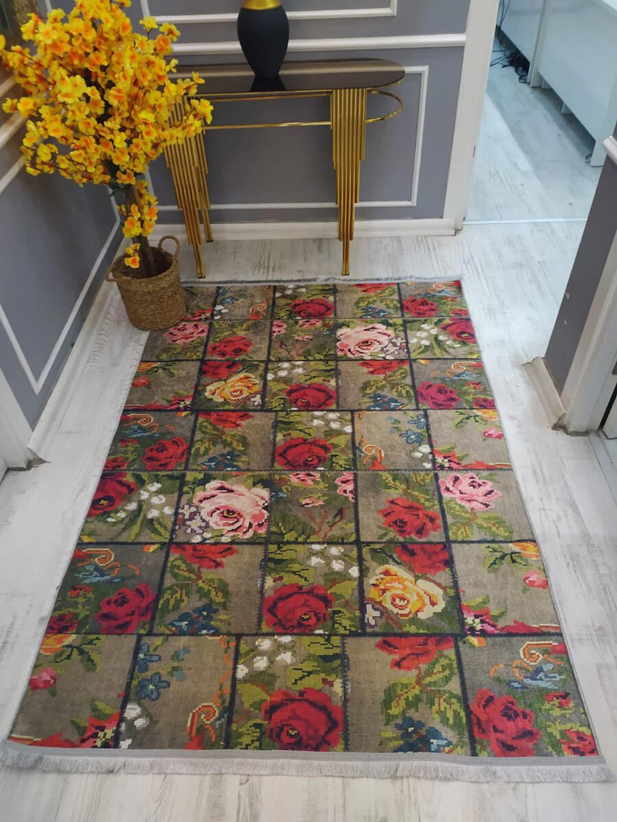 Doruklar Home Collection Çok Renkli 0.8 mm Polyester Yıkanabilir Kaymaz Taban Dikdörtgen Makine Dokuma Halı 120x180 cm
