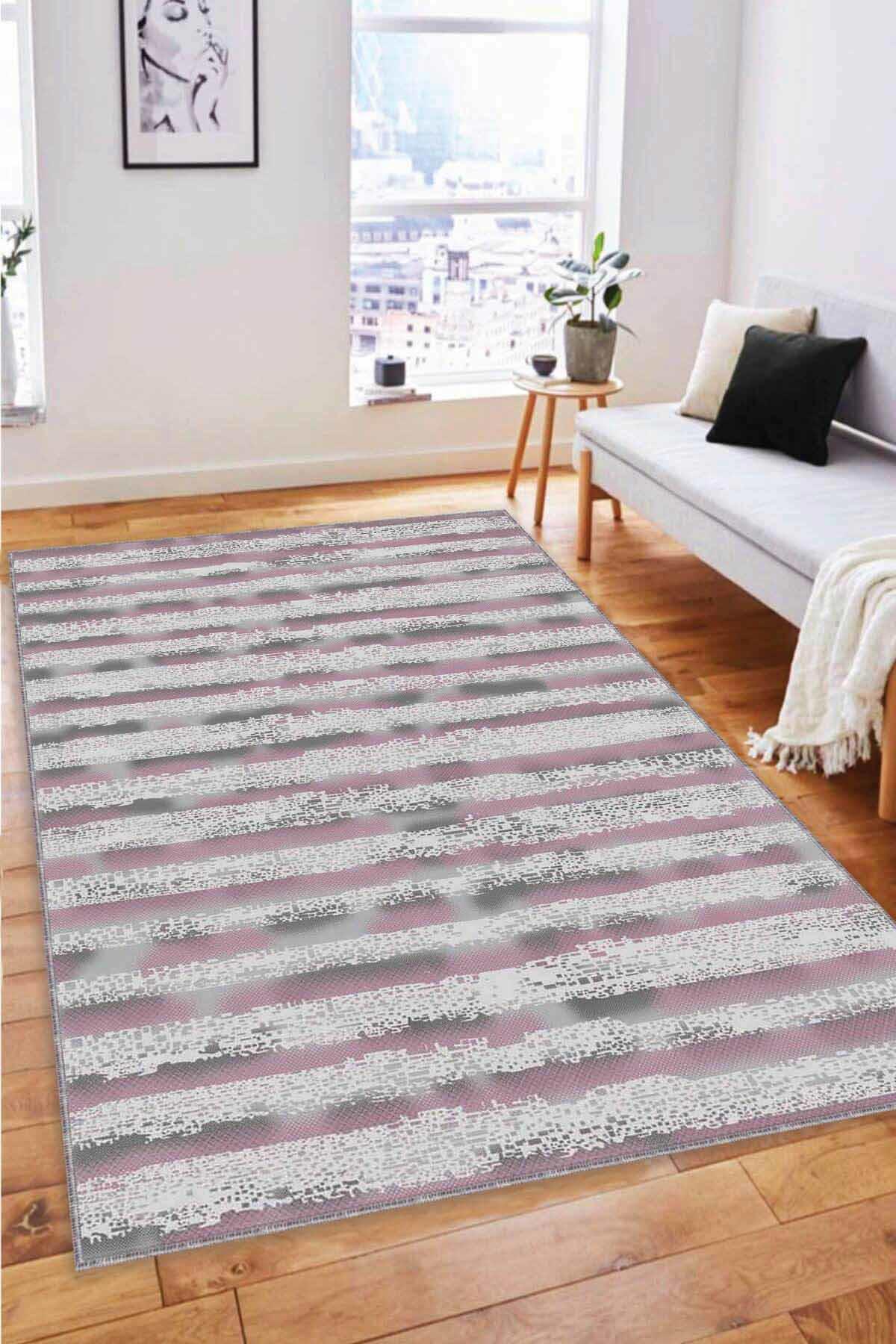 Viva Home FO06 Pembe 7 mm Mikropolyester Leke Tutmaz Yıkanabilir İnce Kaymaz Dot Taban Dikdörtgen Makine Dokuma Salon Halısı 160x230 cm