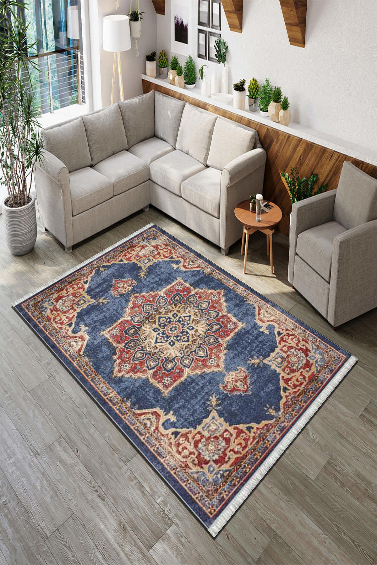Roslyn Home Lacivert 6 mm Polyester Toz Tutmaz Yıkanabilir İnce Kaymaz Dot Taban Dikdörtgen Makine Dokuma Salon Halısı 80x150 cm