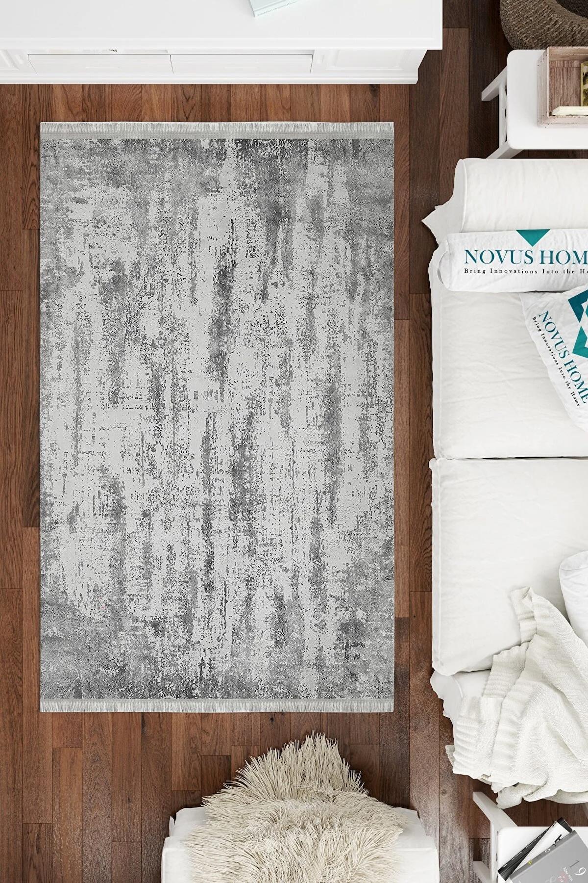 Novus Home Westa Serisi Gri 6 mm Pamuk Antibakteriyel-Toz Tutmaz-Yalıtıma Yardımcı Yıkanabilir İnce Kaymaz Taban Dikdörtgen Makine Dokuma Antre-Salon-Yatak Odası Halısı 80x120 cm