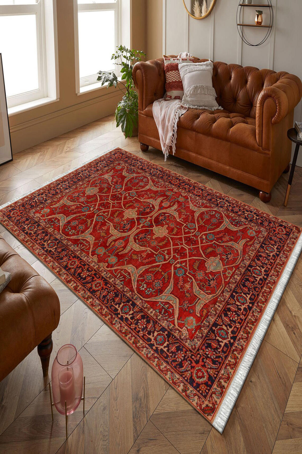 Kreatif Halı Kırmızı 4 mm Polyester Antibakteriyel Yıkanabilir İnce Kaymaz Dot Taban Dikdörtgen Makine Dokuma Salon Halısı 160x230 cm