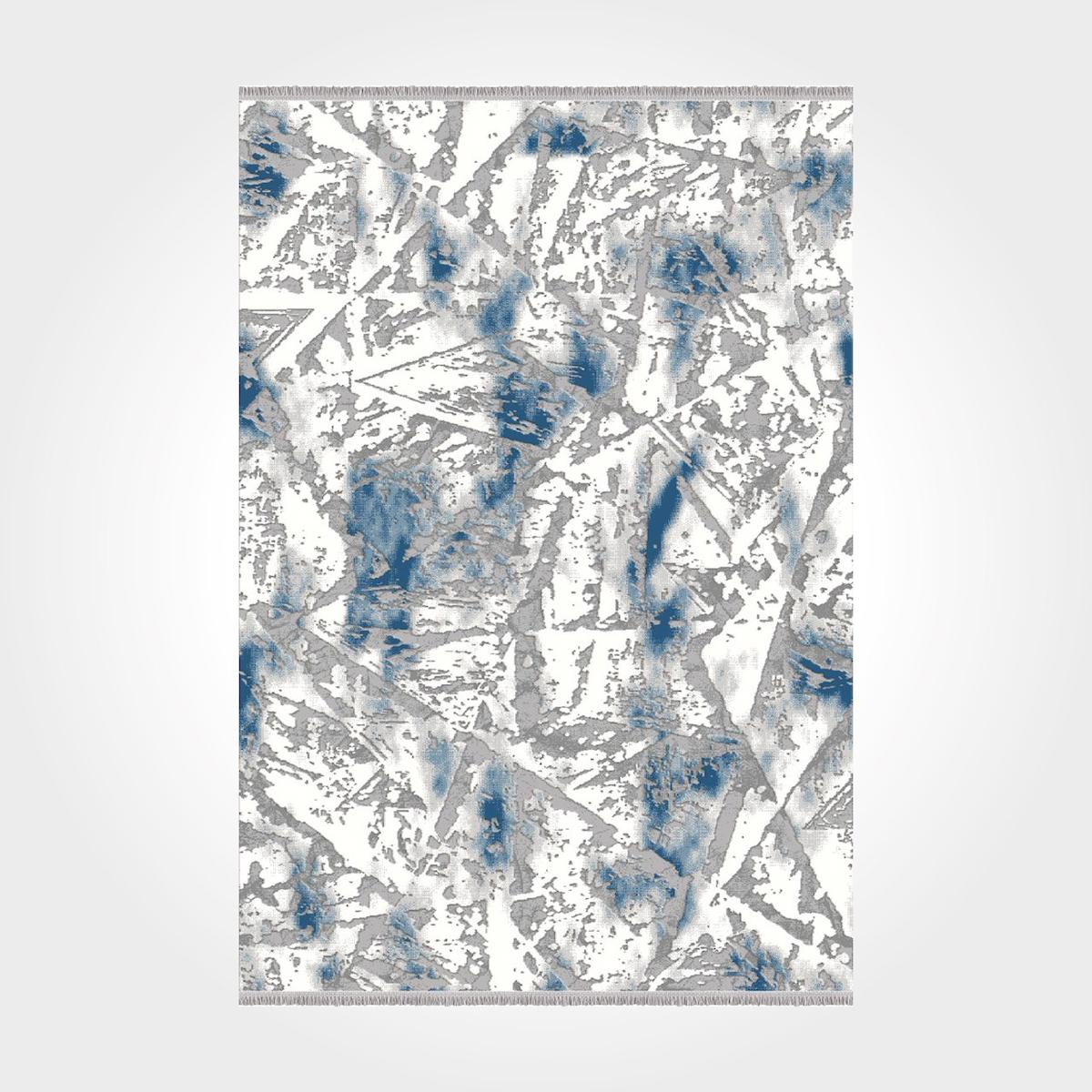 Dekozer Beyaz-Mavi 11 mm Akrilik Toz Tutmaz Yıkanabilir Kalın Kaymaz Pamuk Taban Soyut Temalı Dikdörtgen Makine Dokuma Salon Halısı 120x180 cm