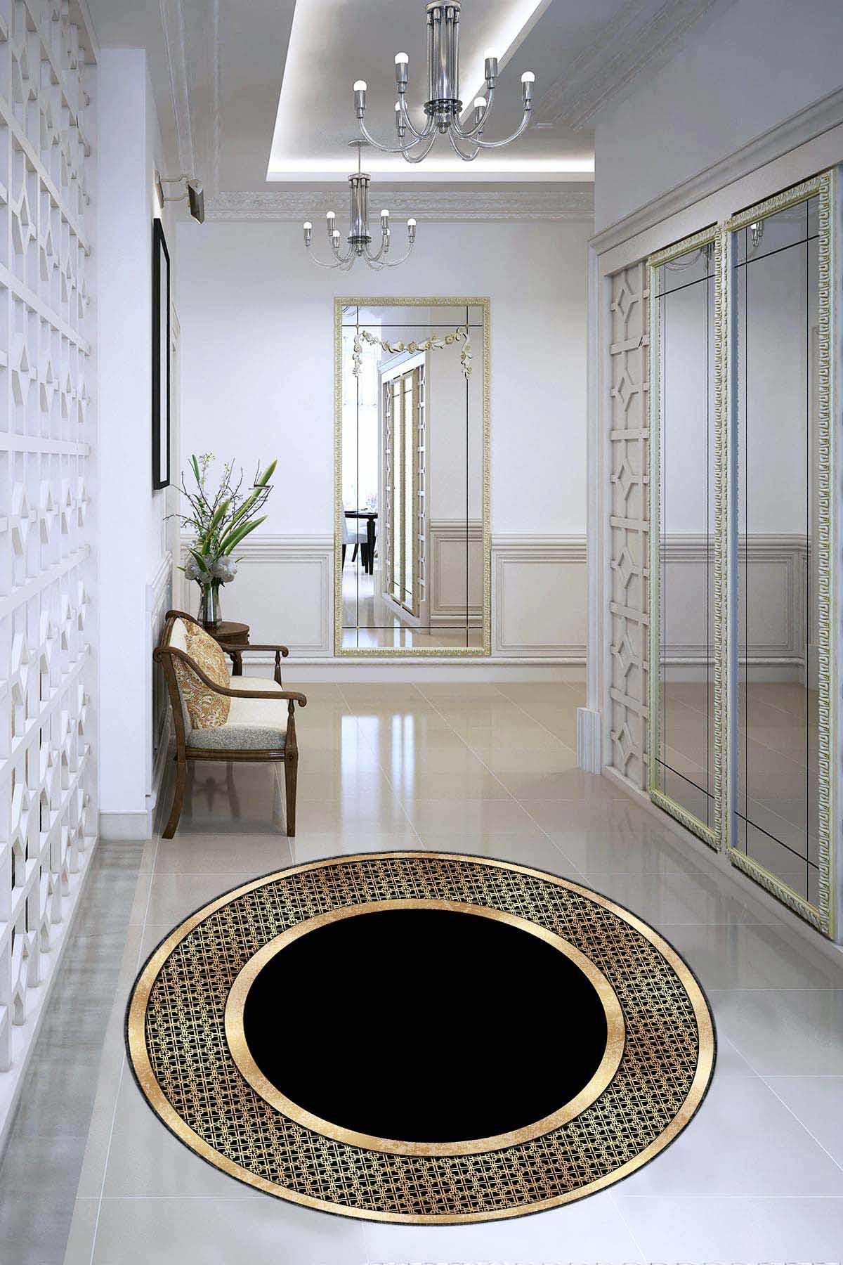 Viva Home AR728 Altın-Siyah 7 mm Mikropolyester Antibakteriyel Yıkanabilir Kalın Kaymaz Lateks Taban Yuvarlak Makine Dokuma Salon Halısı 200x290 cm