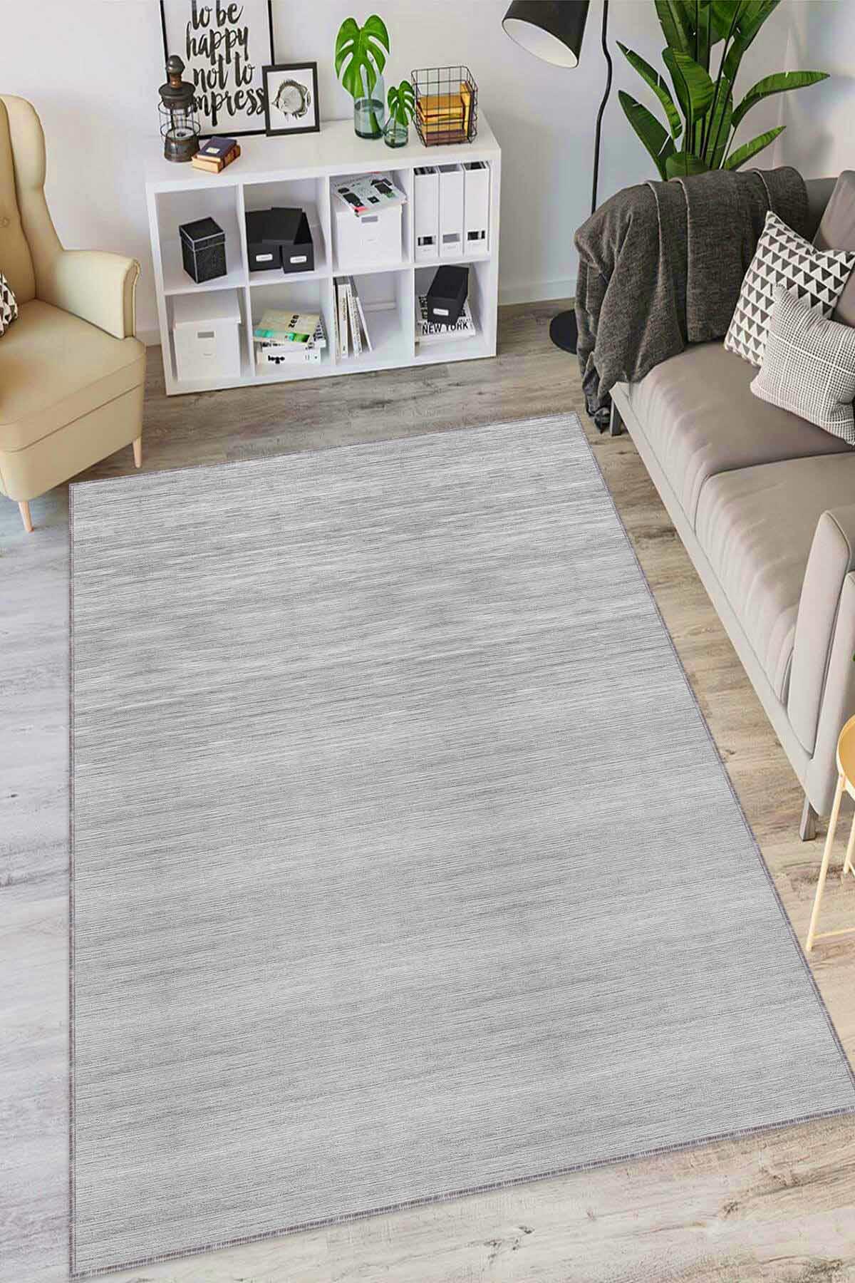 Viva Home AR1359 Gri 7 mm Mikropolyester Toz Tutmaz Yıkanabilir İnce Kaymaz Dot Taban Dikdörtgen Makine Dokuma Salon Halısı 120x180 cm