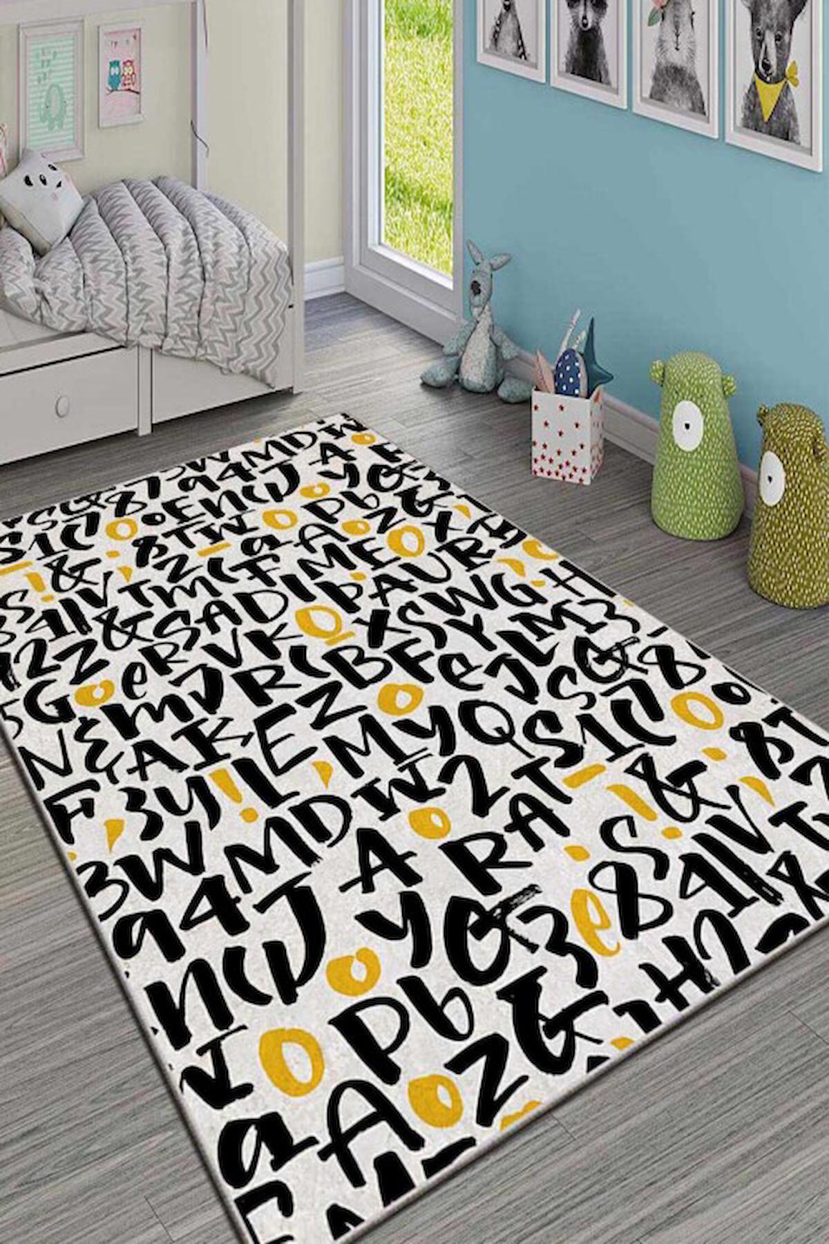 Homefesto Krem 5 mm Polyester Leke Tutmaz Yıkanabilir İnce Kaymaz Taban Yazılı Dikdörtgen Makine Dokuma Çocuk Odası Halısı 160x230 cm