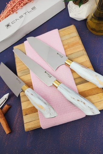 CASTLE KITCHEN Papatya Serisi 3 Lü Mutfak Bıçak Seti ( Ekmek - Nakiri - Sivri Şef )