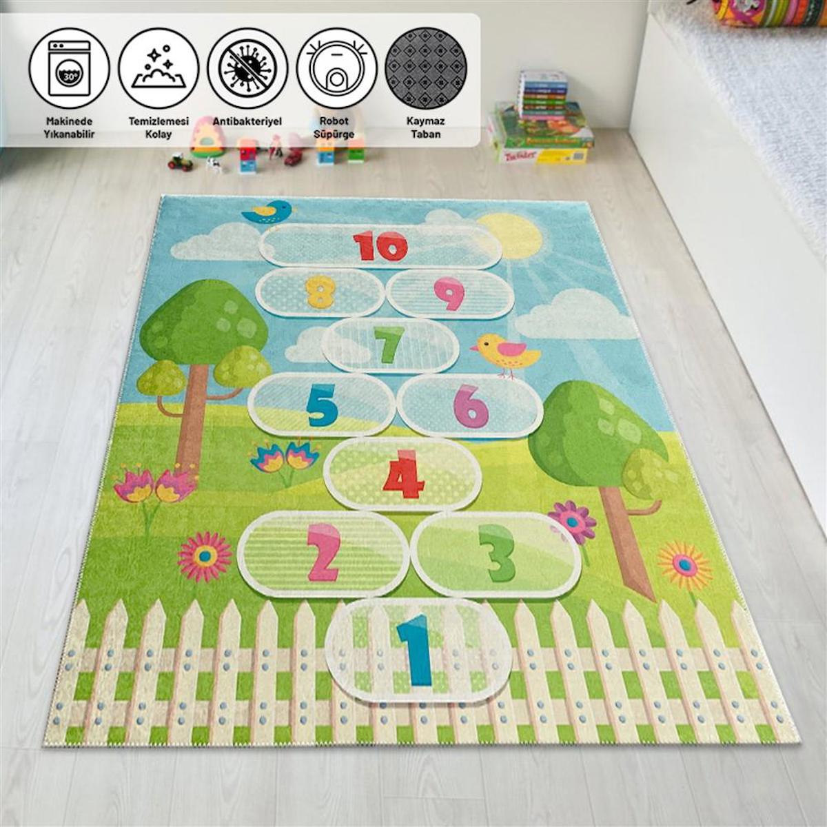 Carpettex Mavi-Yeşil 6 mm Polyester Antibakteriyel Yıkanabilir Orta Kaymaz Dot Taban Dikdörtgen Makine Dokuma Çocuk Odası Halısı 200x290 cm