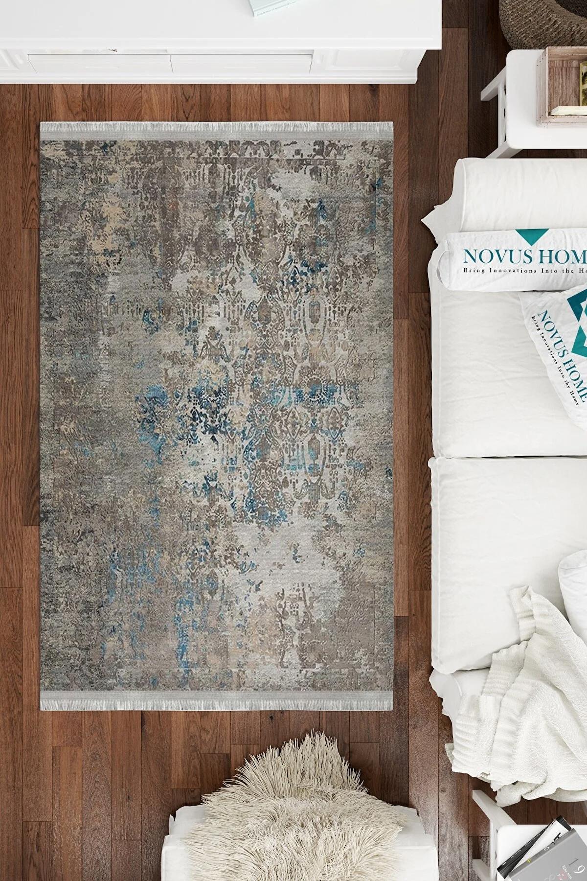 Novus Home Cotton Serisi Bej-Gri 5 mm Pamuk Antibakteriyel-Toz Tutmaz-Yalıtıma Yardımcı Yıkanabilir İnce Kaymaz Taban Dikdörtgen Makine Dokuma Antre-Salon-Yatak Odası Halısı 100x200 cm