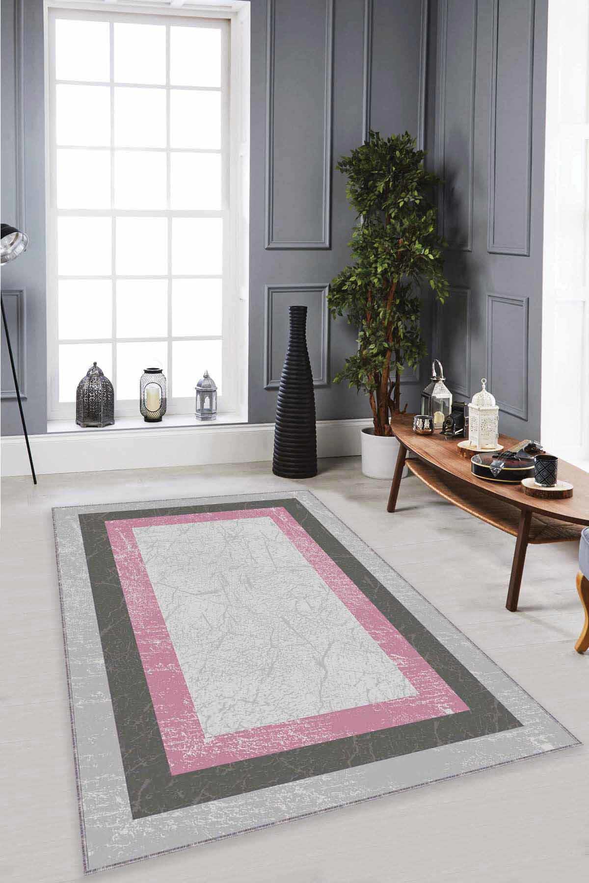 Viva Home MK83 Pembe 7 mm Mikropolyester Leke Tutmaz Yıkanabilir İnce Kaymaz Dot Taban Dikdörtgen Makine Dokuma Salon Halısı 100x150 cm