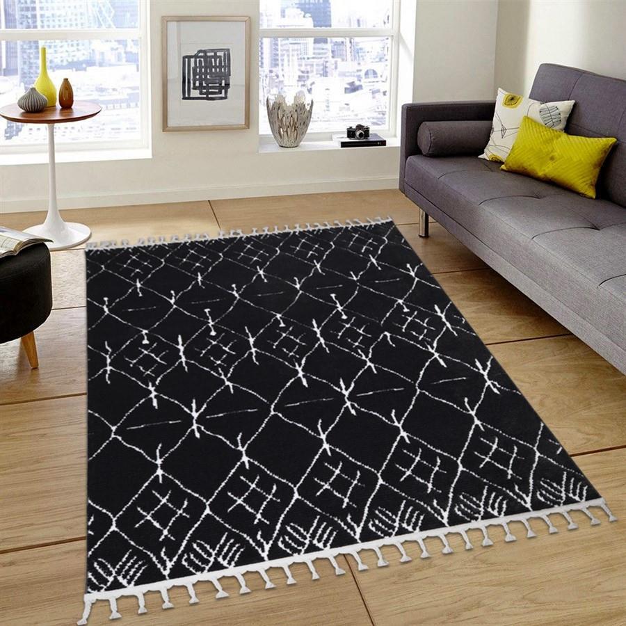 Orkide Home Siyah 12 mm Pamuk Yıkanabilir Kalın Kaymaz Dikdörtgen Makine Dokuma Salon Halısı 100x150 cm