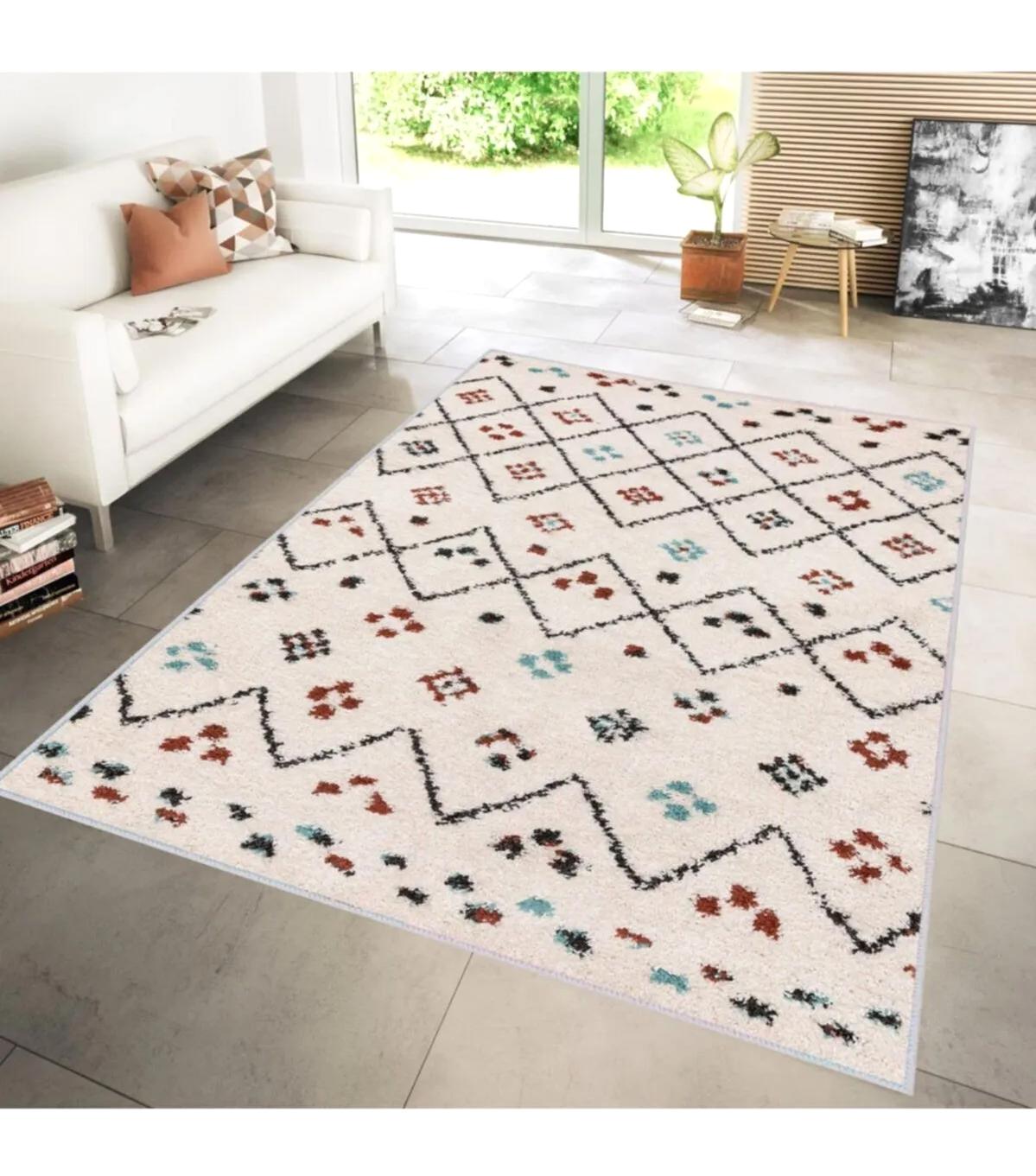 Rovigo Home RVG1238 Krem 8 mm Polyester Leke Tutmaz-Toz Tutmaz Yıkanabilir İnce Kaymaz Dot Taban Dikdörtgen Makine Dokuma Salon Halısı 80x150 cm