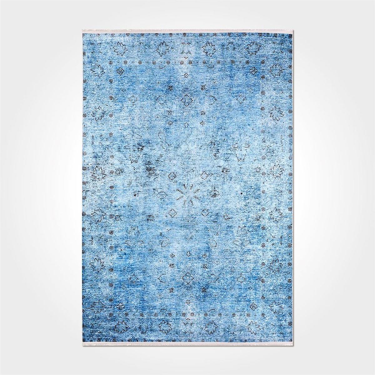 Crea Halı 2035PC Turkuaz Pamuk-Polyester Yıkanabilir İnce Kaymaz Dikdörtgen Makine Dokuma Salon Halısı 120x200 cm