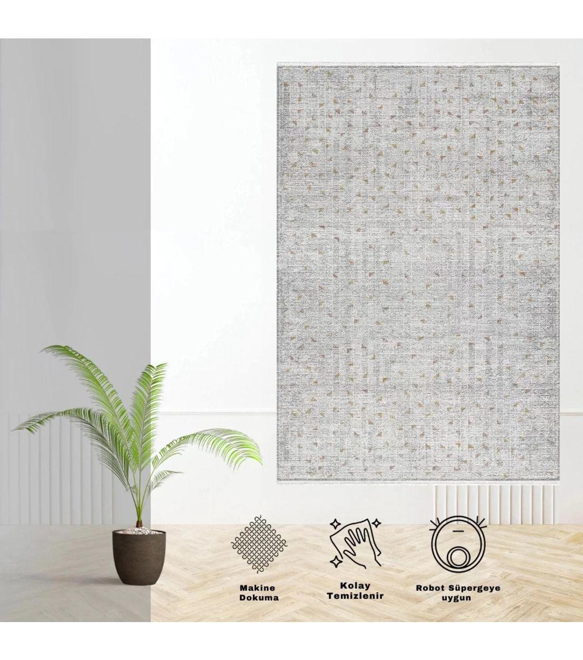 Atlas Halı Times Gri-Turuncu 9 mm Polyester Yıkanabilir İnce Kaymaz Jüt Taban Dikdörtgen Makine Dokuma Salon Halısı 100x300 cm