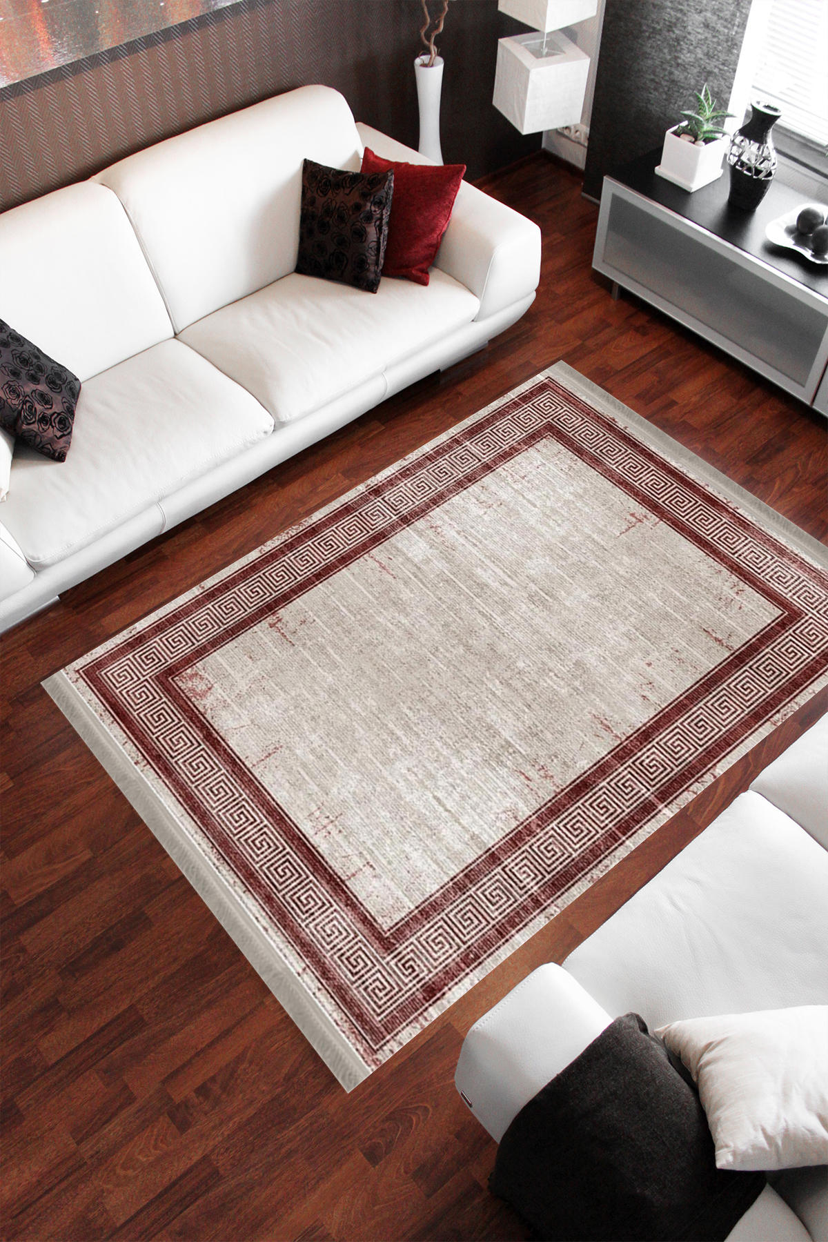 Homier Collection H-KS-3091A Beyaz - Kırmızı 7 mm Pamuk Antibakteriyel Yıkanabilir Orta Kaymaz Dot Taban Dikdörtgen Makine Dokuma Salon Halısı 80x150 cm