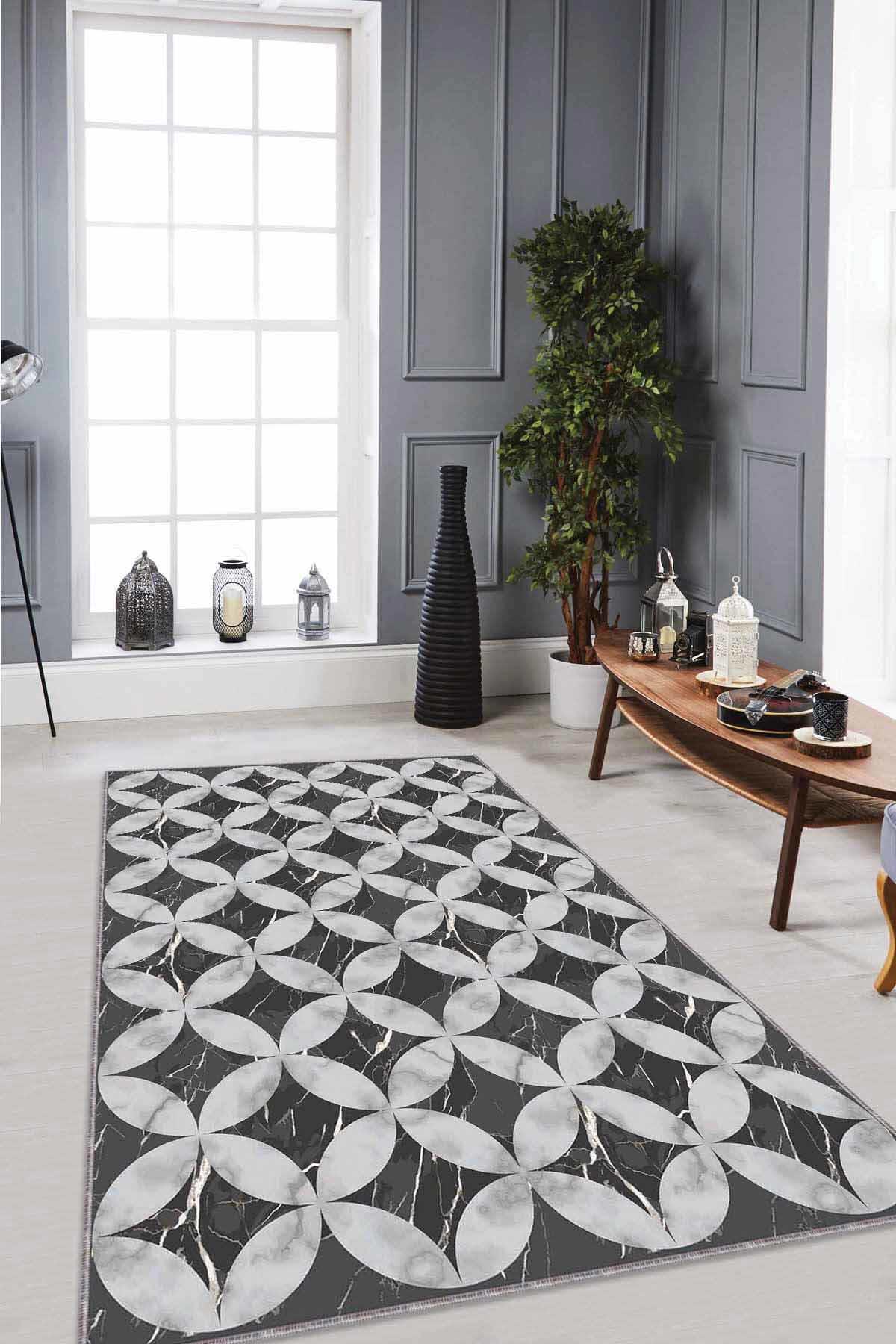 Viva Home RV134 Gri 7 mm Mikropolyester Toz Tutmaz Yıkanabilir İnce Kaymaz Dot Taban Dikdörtgen Makine Dokuma Salon Halısı 100x150 cm