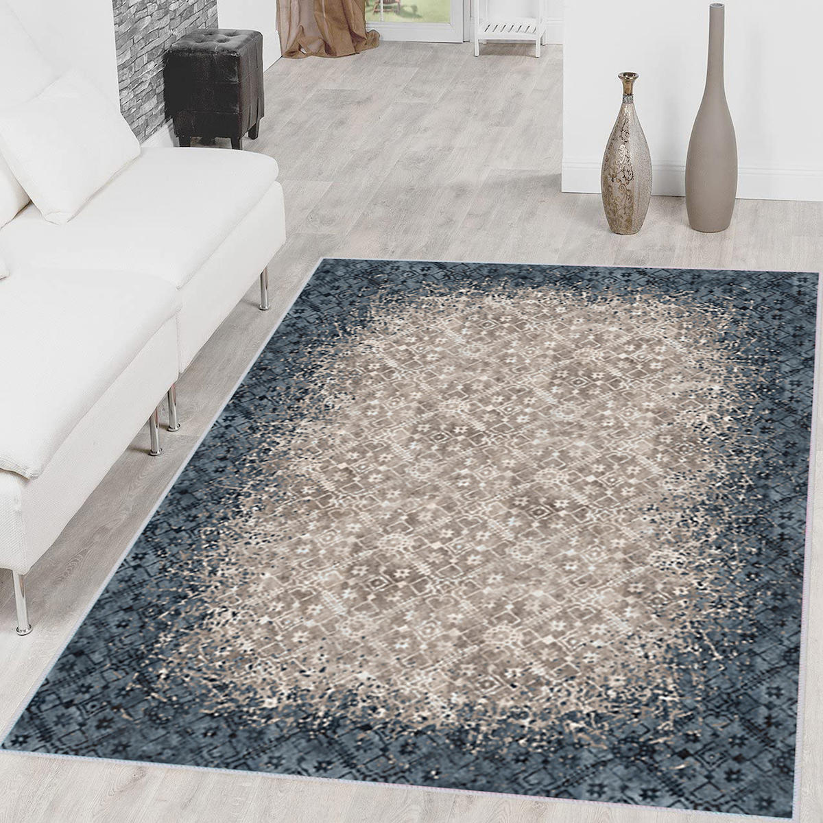 Rovigo Home RVG1647-HT246 Bej - Mavi 8 mm Polyester Antibakteriyel-Leke Tutmaz-Toz Tutmaz Yıkanabilir İnce Kaymaz Dot Taban Dikdörtgen Makine Dokuma Salon Halısı 80x150 cm
