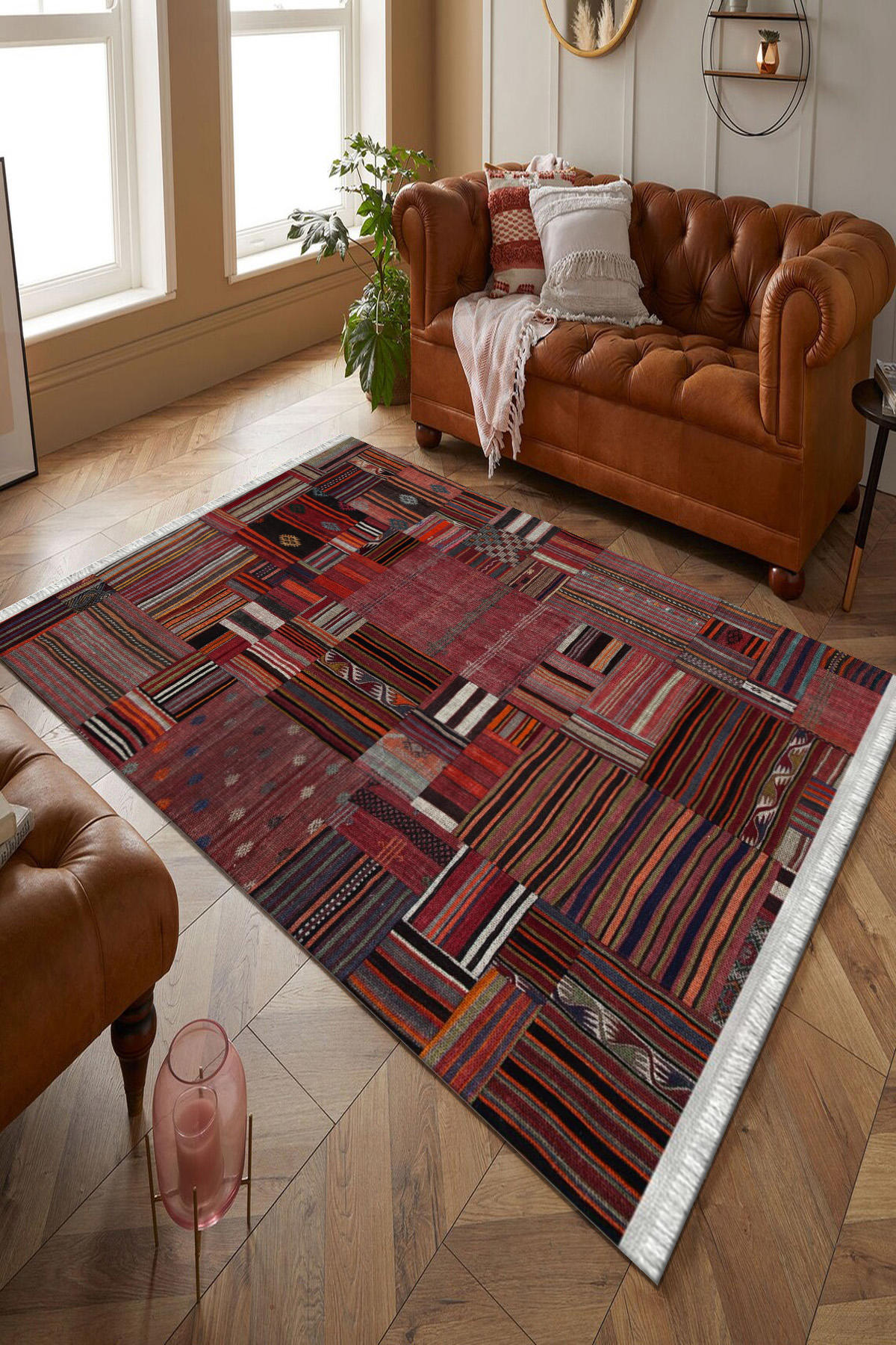 Kreatif Halı Bordo 4 mm Polyester Antibakteriyel Yıkanabilir İnce Kaymaz Kare Makine Dokuma Oturma Odası Halısı 80x300 cm