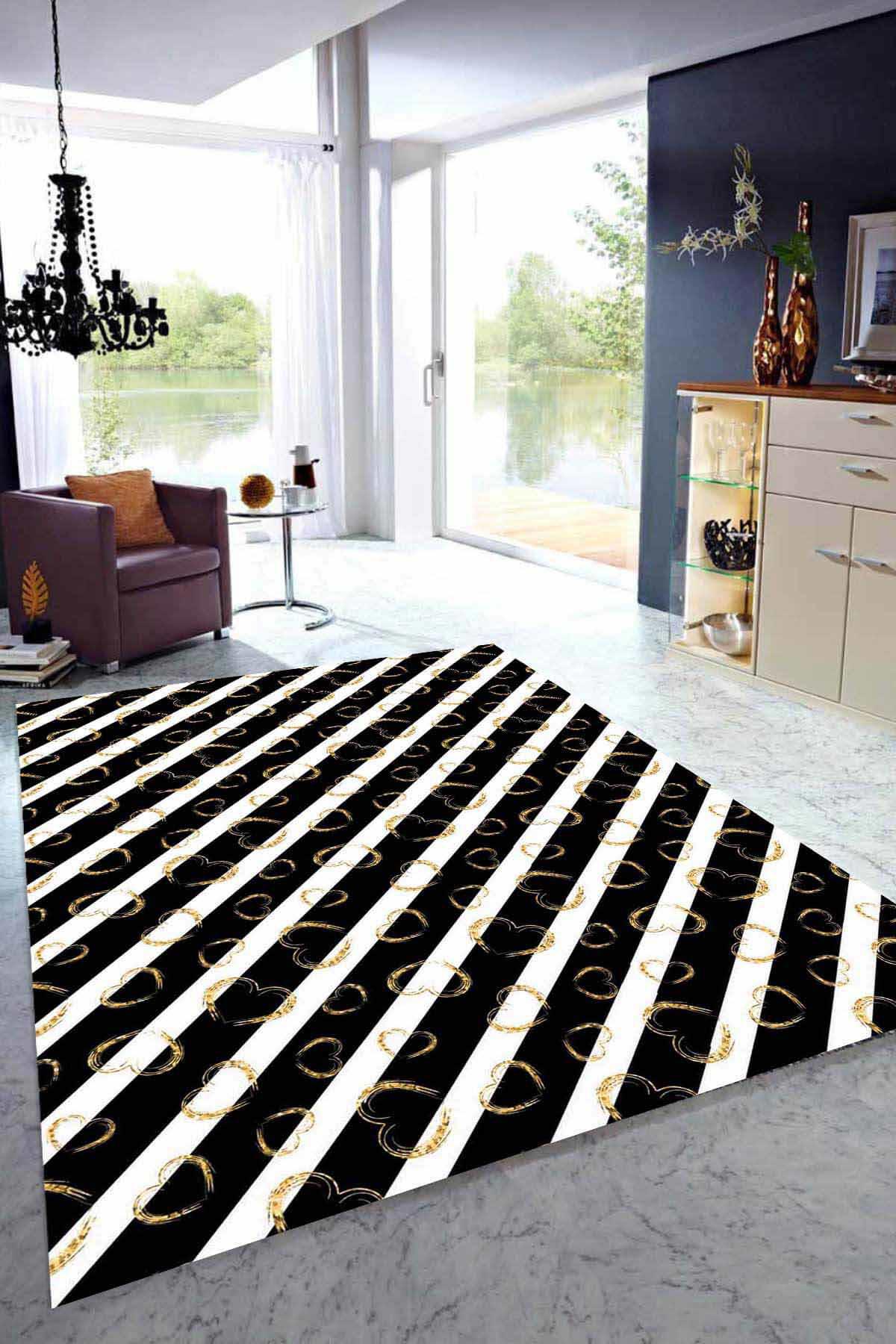 Viva Home MT37 Altın-Siyah 7 mm Mikropolyester Antibakteriyel Yıkanabilir Kalın Kaymaz Lateks Taban Dikdörtgen Makine Dokuma Salon Halısı 160x230 cm