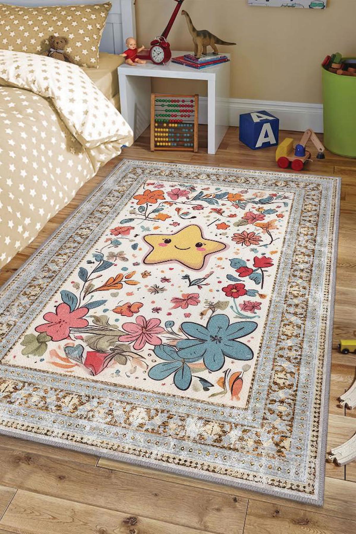 Homshtag Krem 4 mm Pamuk Antistatik Yıkanabilir İnce Kaymaz Geometrik Dikdörtgen Makine Dokuma Çocuk Odası Halısı 160x230 cm