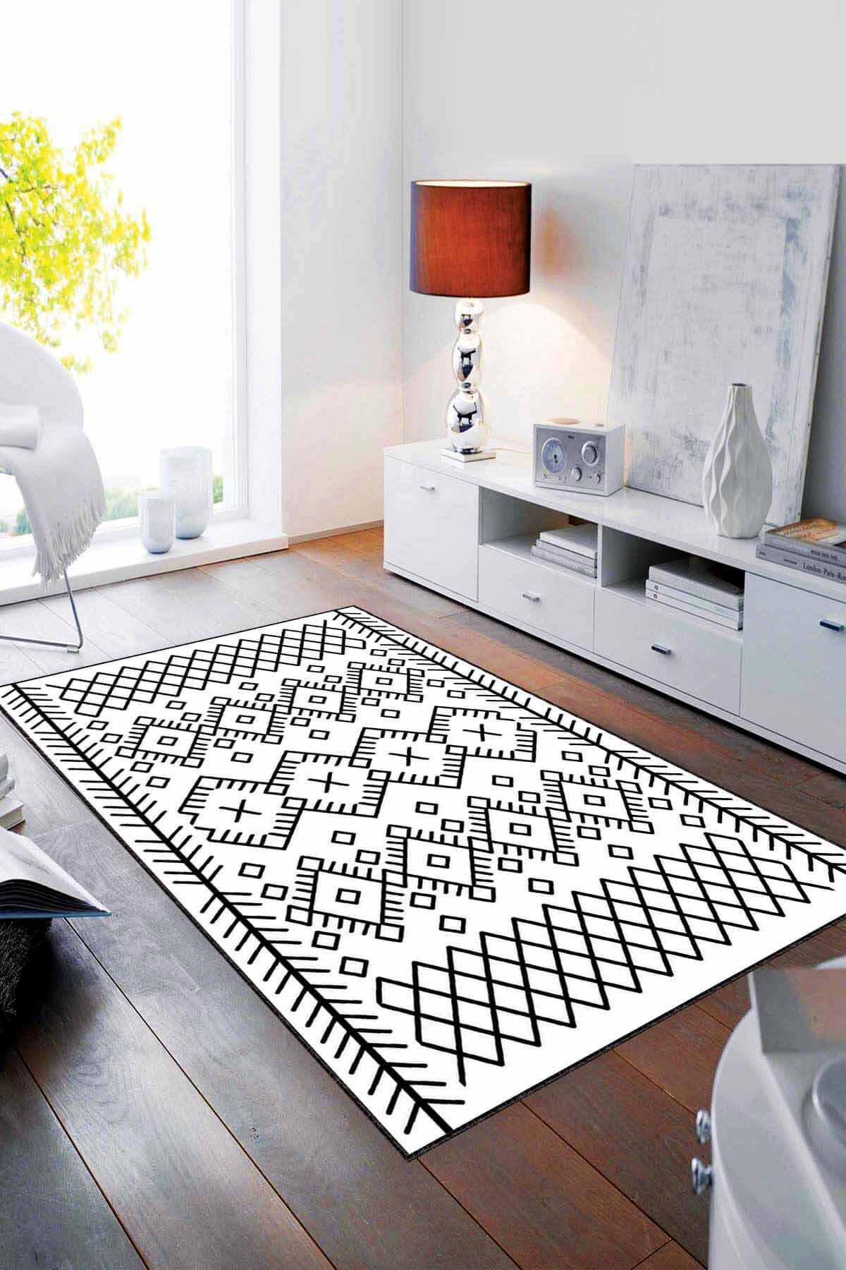 Viva Home MRC08 Beyaz - Siyah 7 mm Mikropolyester Antibakteriyel Yıkanabilir Kalın Kaymaz Lateks Taban Dikdörtgen Makine Dokuma Salon Halısı 200x290 cm