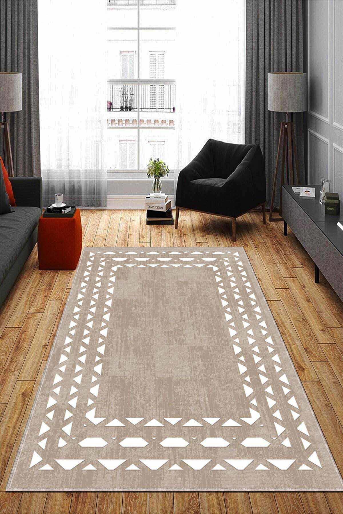 Viva Home AR696 Bej 7 mm Mikropolyester Yıkanabilir İnce Kaymaz Jüt Taban Dikdörtgen Makine Dokuma Salon Halısı 120x180 cm